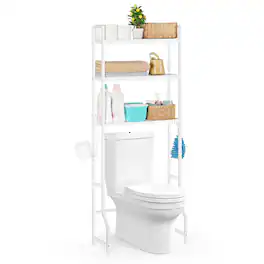 Oumilen - Over-the-Toilet Storage Shelf with 3-Tier Design & Hooks, White - White