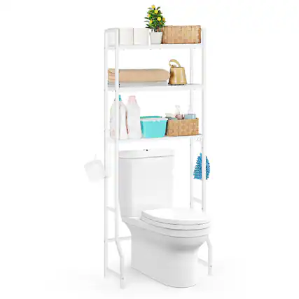 Front. Oumilen - Over-the-Toilet Storage Shelf with 3-Tier Design & Hooks, White - White.