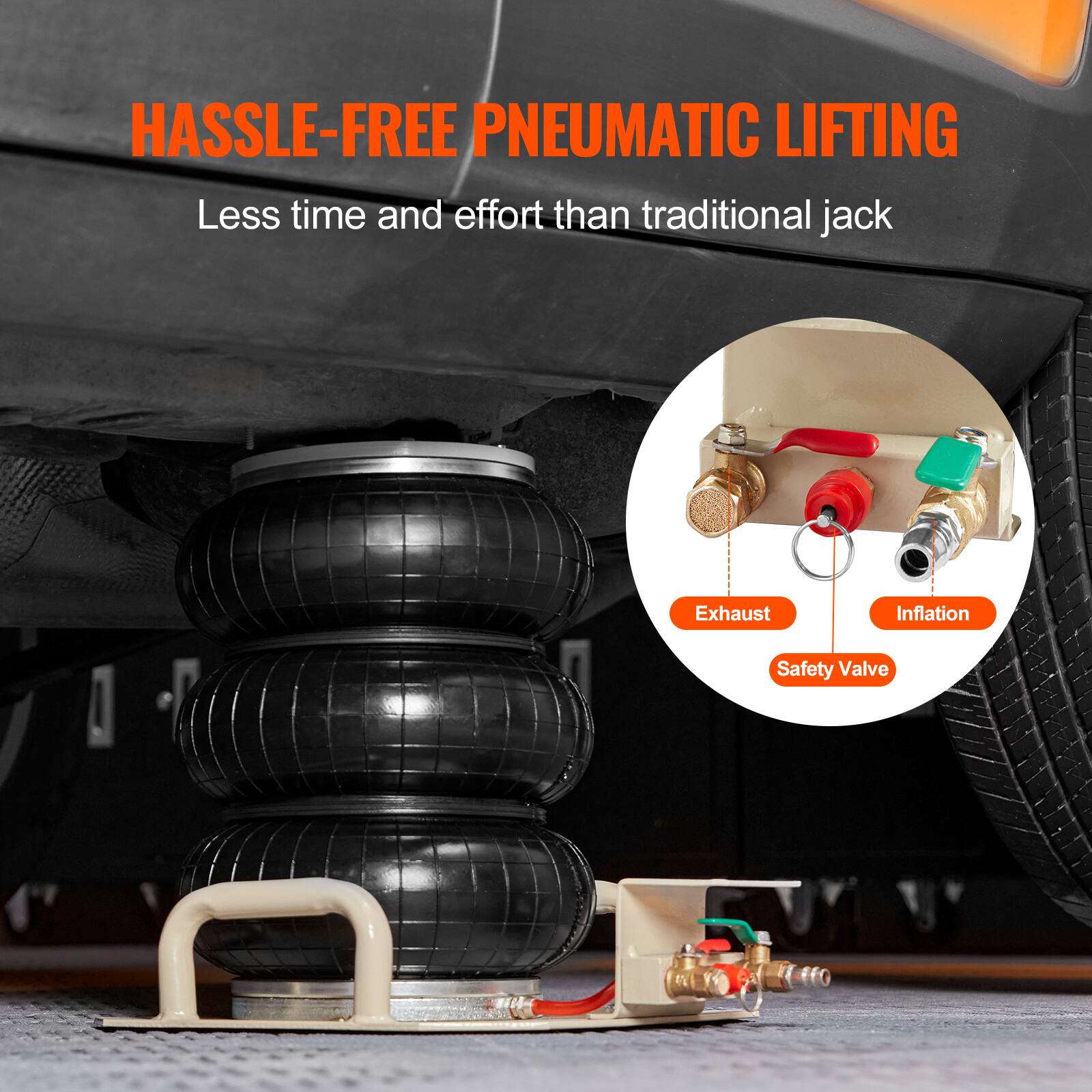 HASSLE-FREE PNEUMATIC LIFTING  
Less time and effort than traditional jack  
Exhaust  
Inflation  
Safety Valve