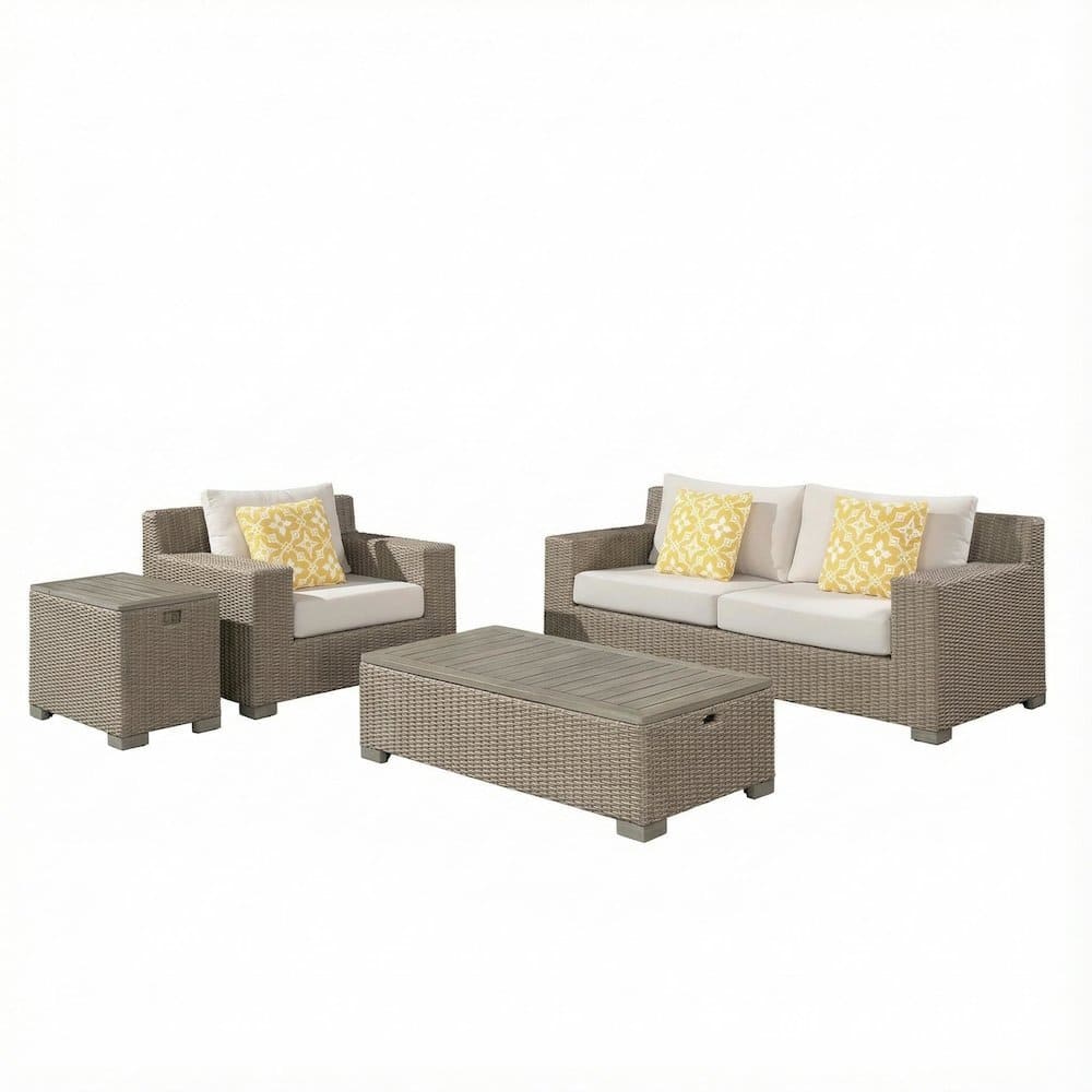 FurniFact - Rectangular Coffee Table with Wood Legs and Transitional Design - Tan