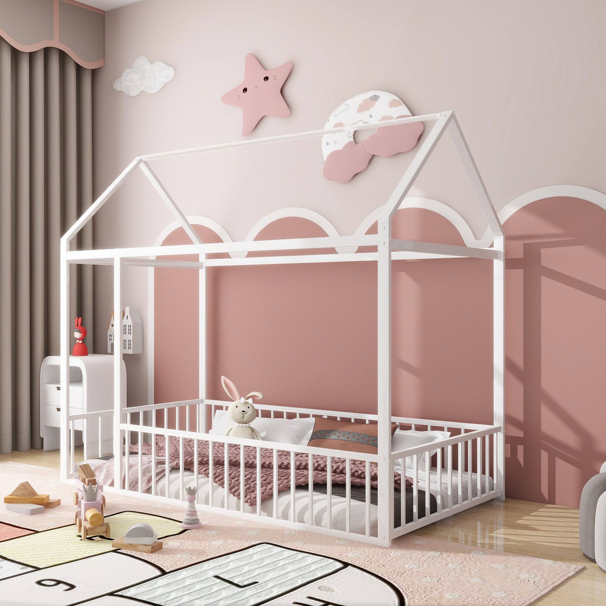 Alt View 6. GOODSILO - Twin Size Playhouse Bed Frame with Safety Fence for Kids and Teens - Sturdy Metal Construction - White.