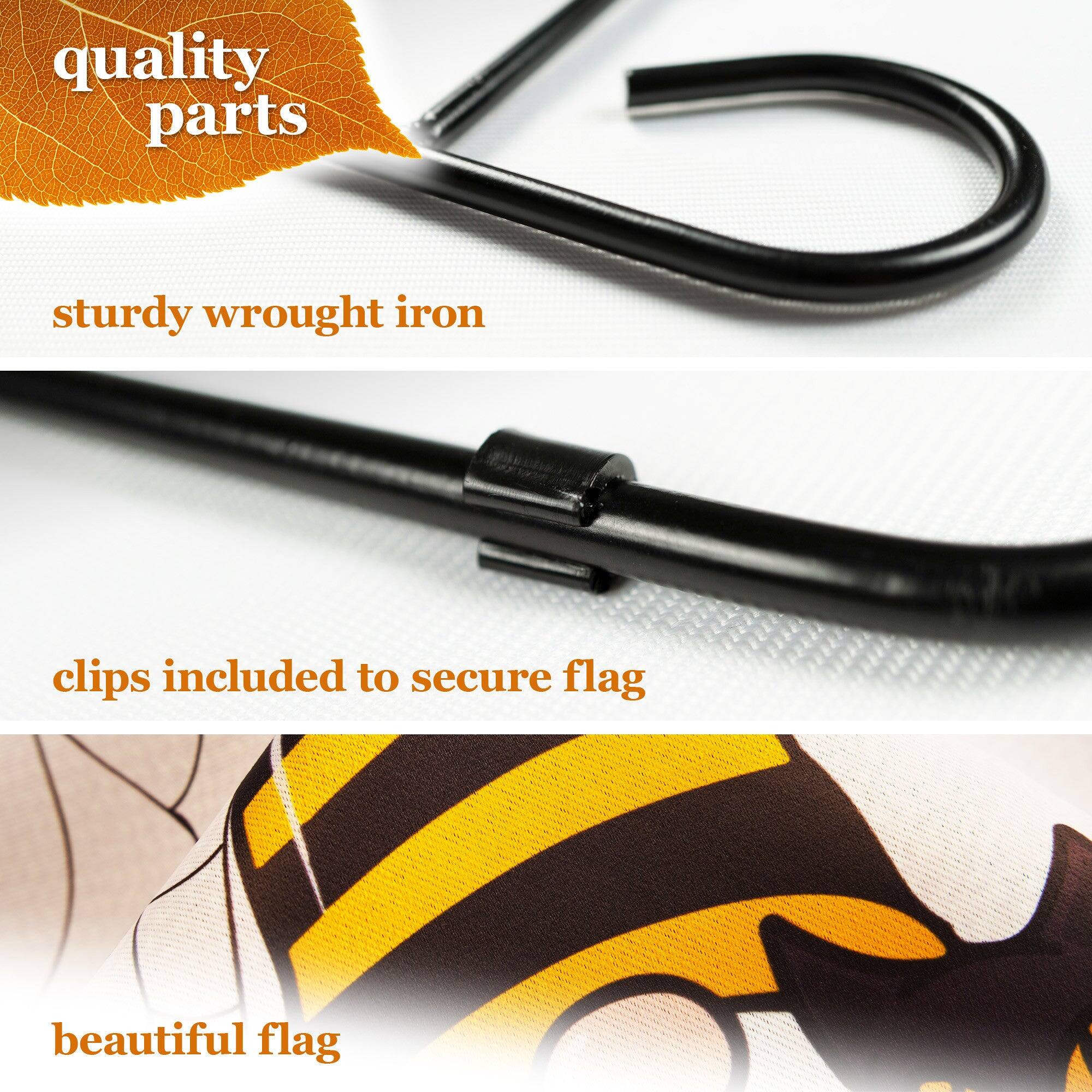 quality parts  
sturdy wrought iron  
clips included to secure flag  
beautiful flag