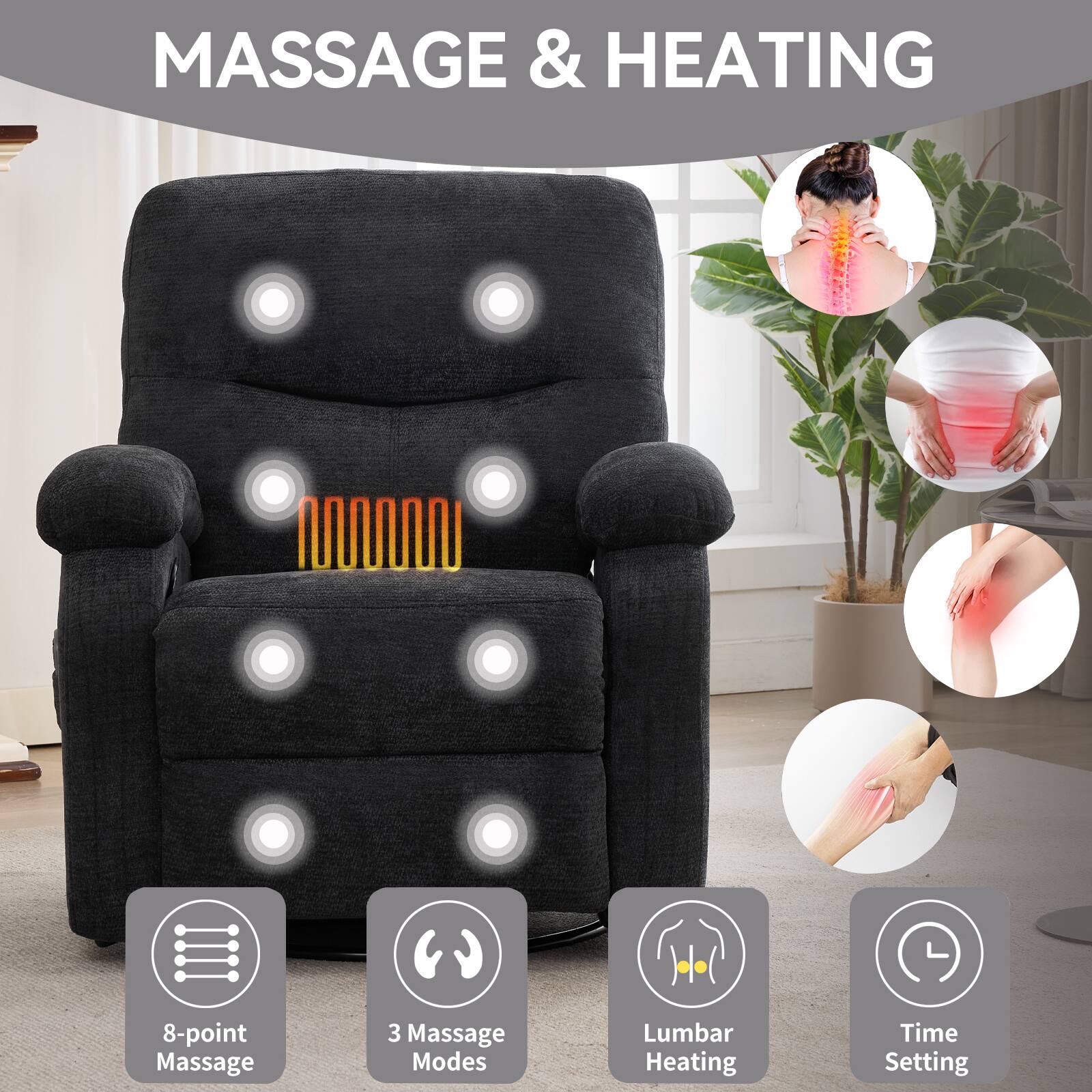 MASSAGE & HEATING

- 8-point Massage
- 3 Massage Modes
- Lumbar Heating
- Time Setting