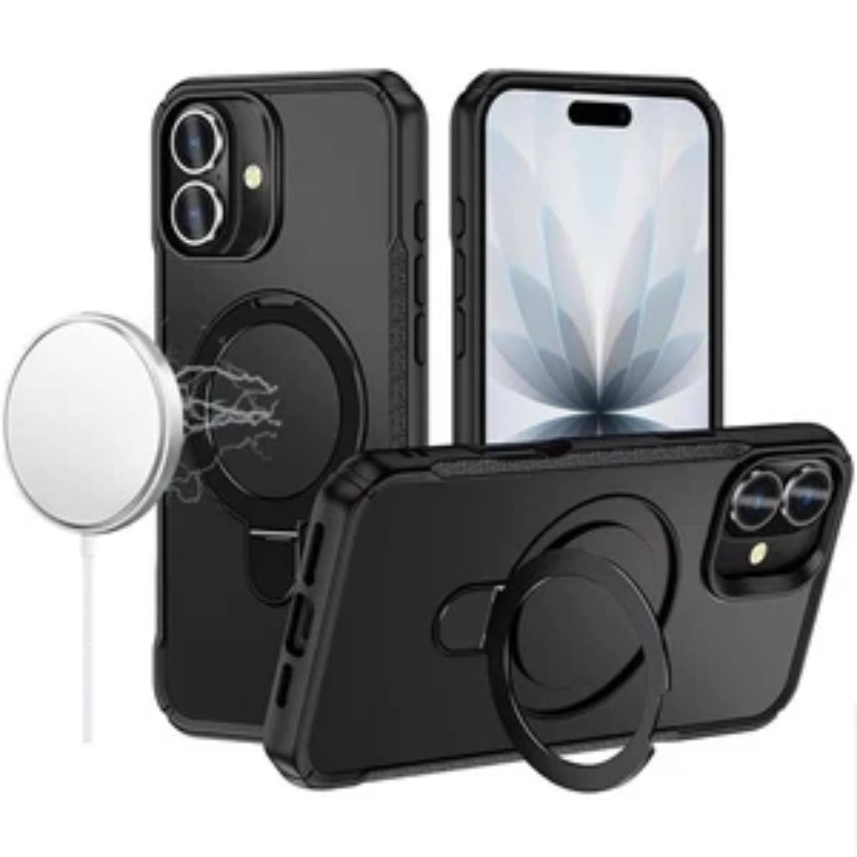Kitcheniva - Matte Magnetic Circle Metal Stand Phone Case With Tempered Glass For iPhone 17 - Black