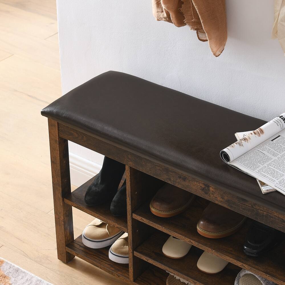 Back. Ropilly - Ropilly Vintage Rubberwood Shoe Changing Bench Entryway Storage Bench with PU Leather Seat - Vintage.