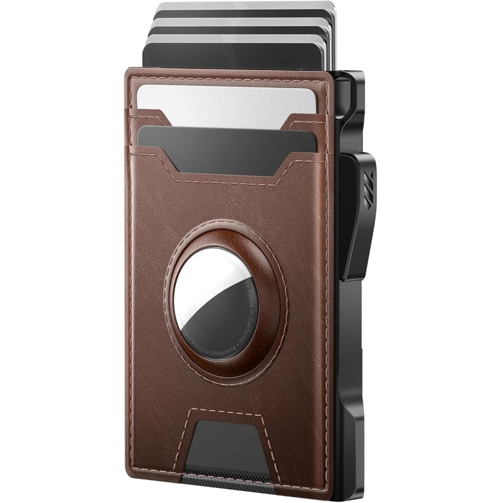 ZUQIETA - AirTag Wallet for Men - Leather Pop-Up Card Case with Money Clip & ID Window - Brown-Wallet With Airtag Pocket