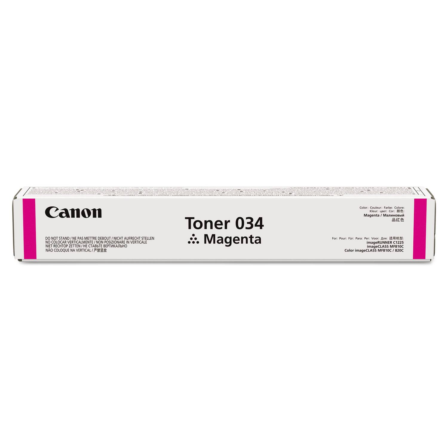 Canon  
Toner 034  
Magenta  

Color: Couleur: Farbe: Colore:  
Magenta / Magenta / Magenta / 品红色  

For: Pour: Para: Per:  
imageRUNNER C1225  
Color imageCLASS MF110C / 820C  

DO NOT STAND / NE PAS METTRE DEBOUT / NICHT AUFICH STELLEN / NO COLOCAR VERTICALMENTE / NON POSIZIONARE IN VERTICALE / NÃO COLOQUE NA VERTICAL / PÉRMANENTEMENT VERTICALEMENT  

Color: Couleur: Farbe: Colore:  
Magenta / Magenta / Magenta / 品红色