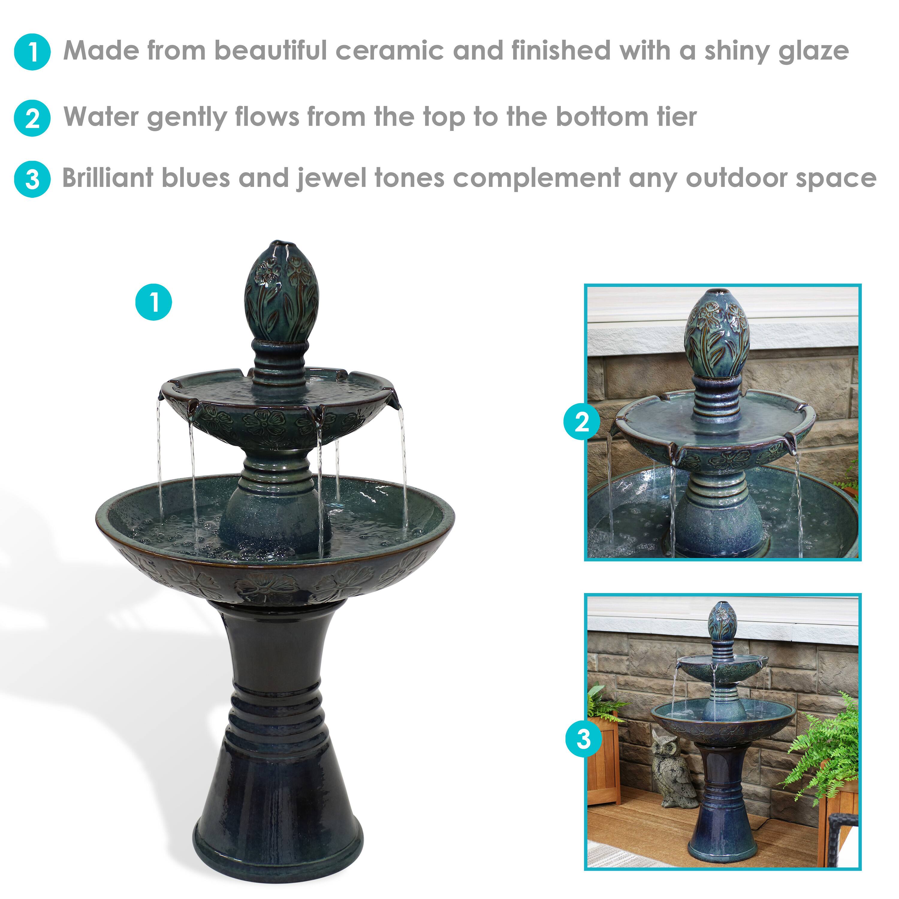 1. Made from beautiful ceramic and finished with a shiny glaze
2. Water gently flows from the top to the bottom tier
3. Brilliant blues and jewel tones complement any outdoor space