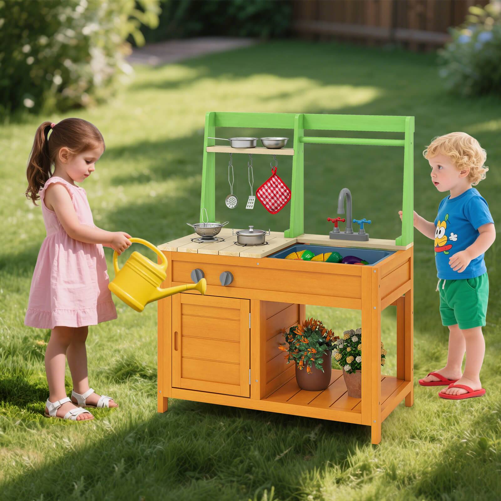 Alt View 1. Costway - Costway Mud Kitchen for Kids with Realistic Stoves Faucet Sink Oven & Cookware Accessories - Orange.