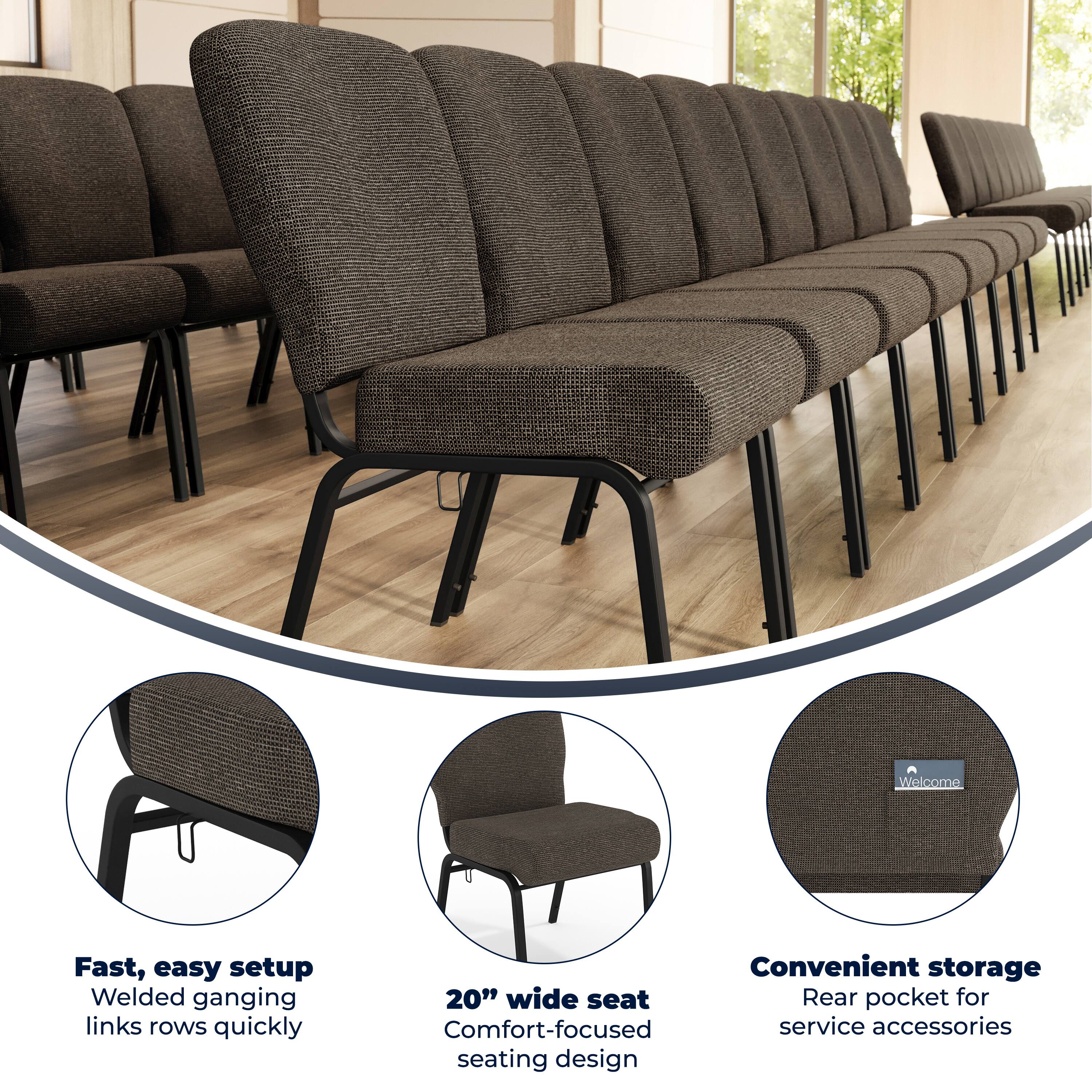Welcome

Fast, easy setup  
Welded ganging links rows quickly

20" wide seat  
Comfort-focused seating design

Convenient storage  
Rear pocket for service accessories