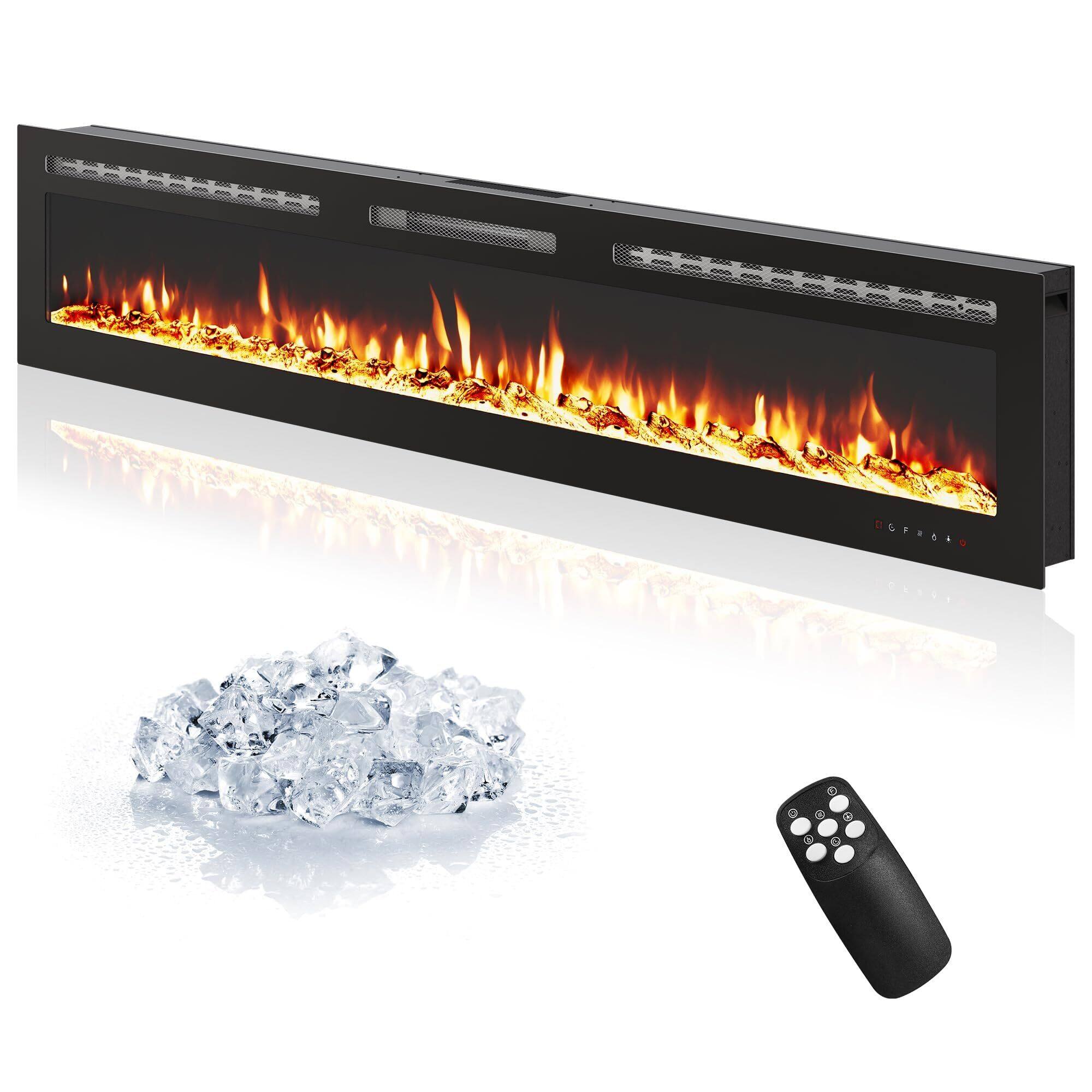 Acekool - 88 Inch Electric Fireplace, Recessed or Wall Mounted, Remote & Smart WiFi App Control, Dual Heat Settings - Black