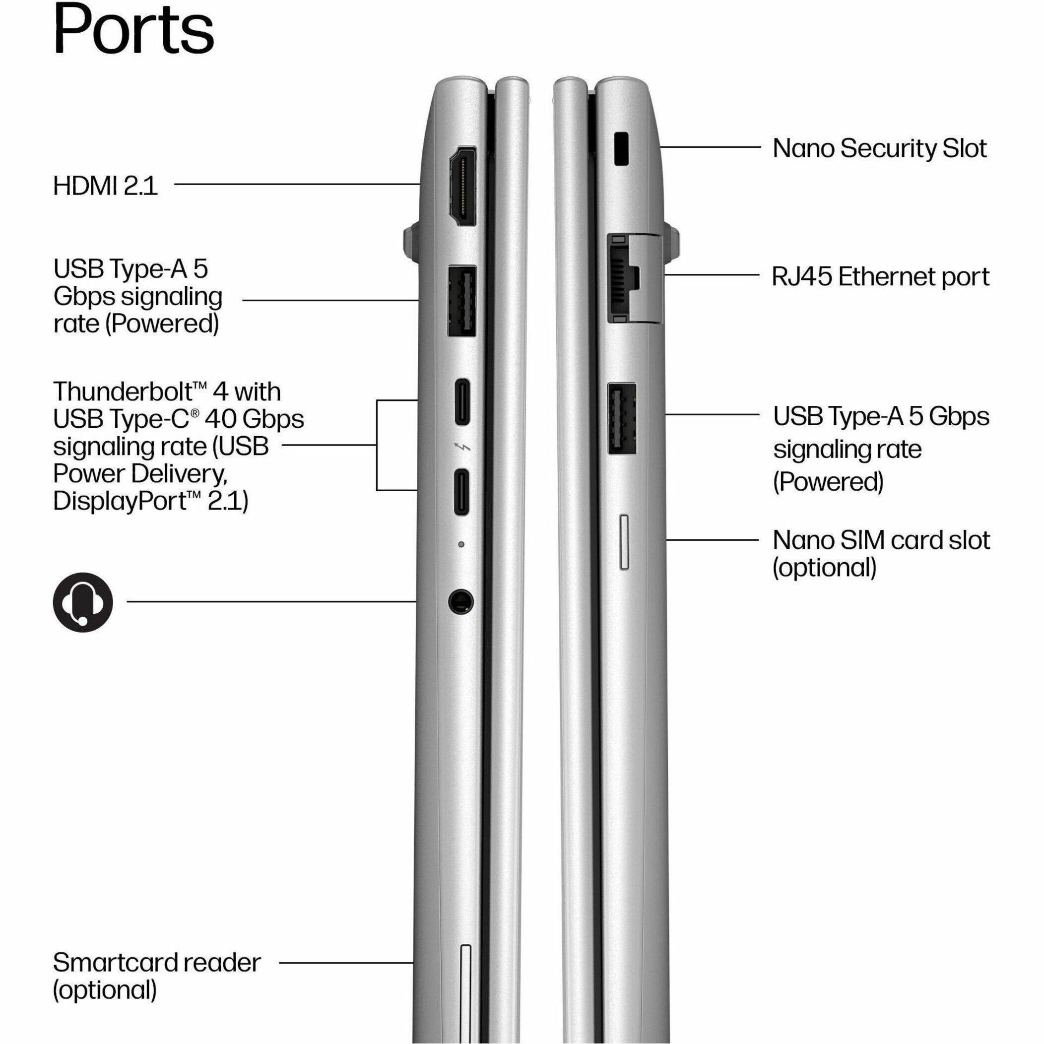 Ports

- HDMI 2.1
- Nano Security Slot
- USB Type-A 5 Gbps signaling rate (Powered)
- RJ45 Ethernet port
- Thunderbolt 4 with USB Type-C 40 Gbps signaling rate (USB Power Delivery, DisplayPort 2.1)
- USB Type-A 5 Gbps signaling rate (Powered)
- Nano SIM card slot (optional)
- Smartcard reader (optional)