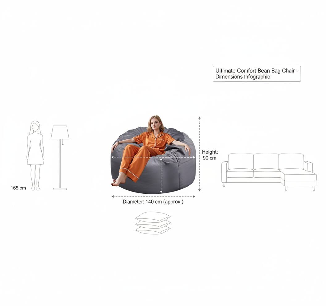Ultimate Comfort Bean Bag Chair - Dimensions Infographic

Height: 90 cm  
Diameter: 140 cm (approx.)