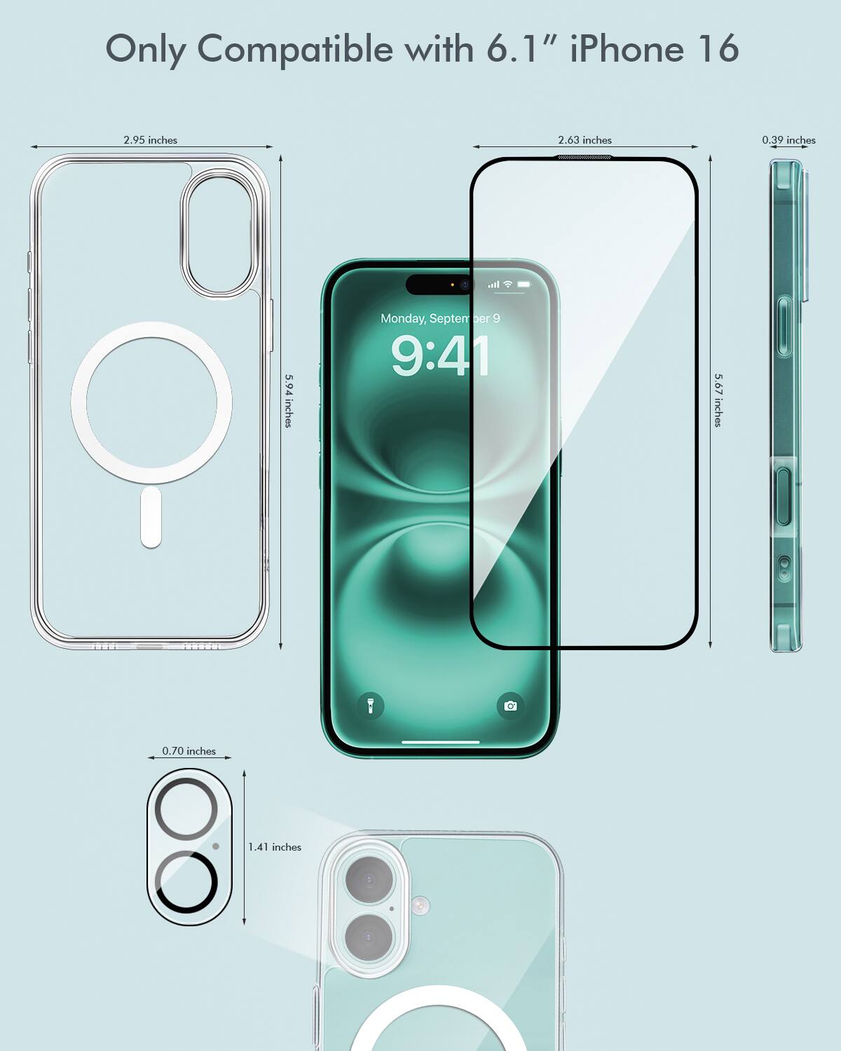 The image shows a diagram of an iPhone 16 with dimensions and a time stamp. The dimensions are 2.63 inches, 0.39 inches, 0.594 inches, and 0.70 inches. The time stamp is 9:41.