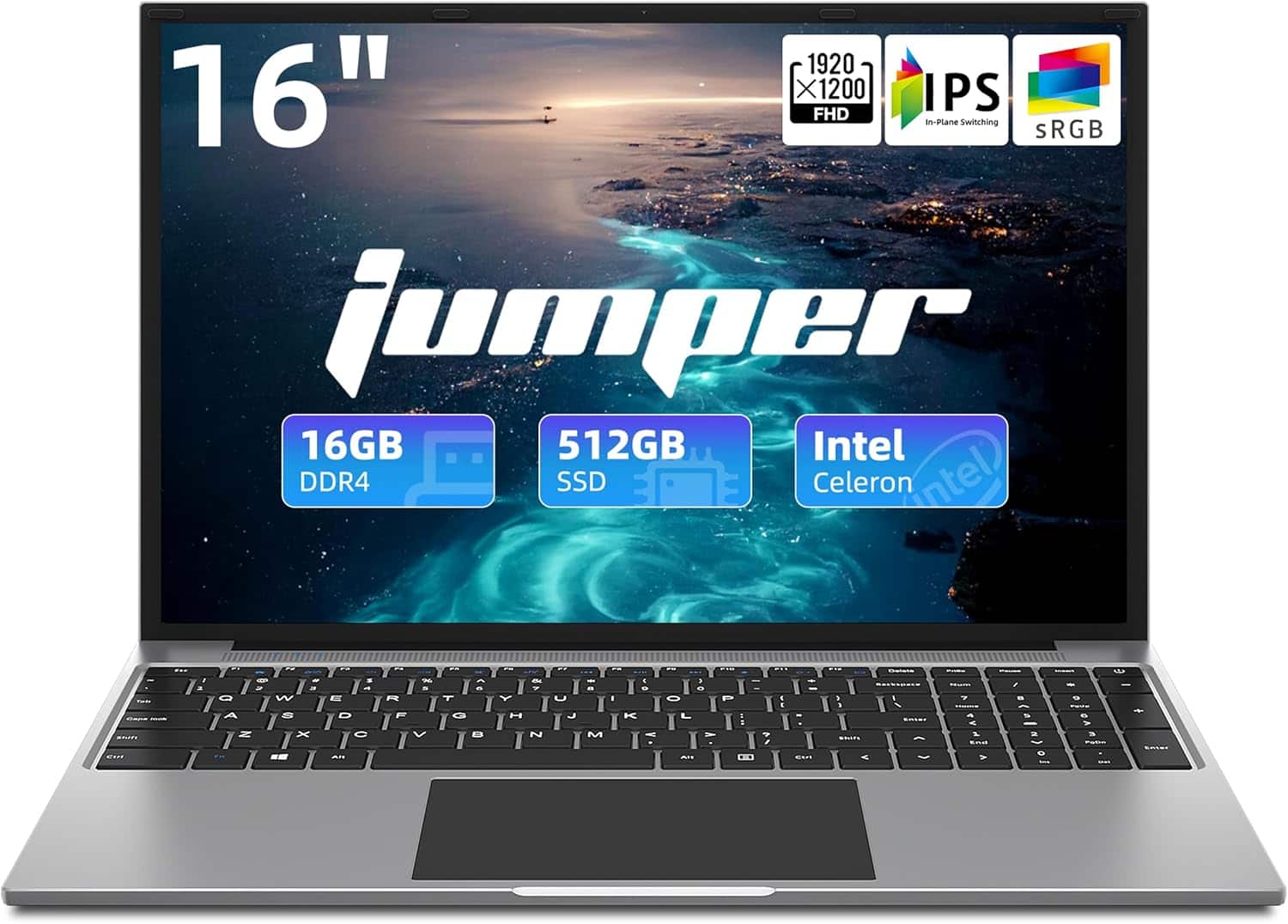 Jumper - Laptop, 16 Inch Laptops, Alder Lake-N100 Quad Core CPU(Up to 3.4GHz), 16GB RAM 512GGB SSD, 4 Speakers - grey