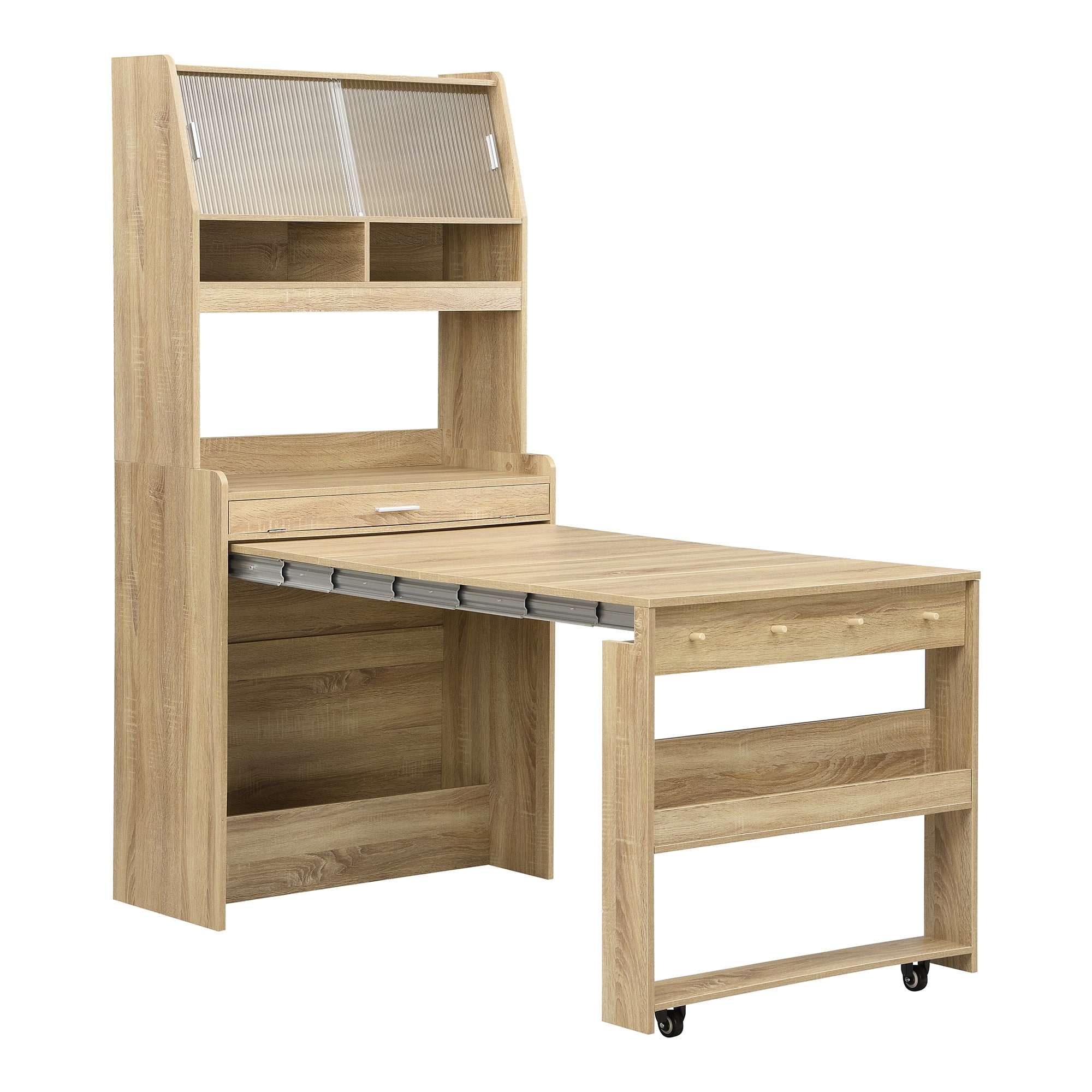 Spaco - Space Saving Buffet with Hutch, Foldable Dining Table and Storage Shelves, for Studio Apartment Small Spaces - Natural