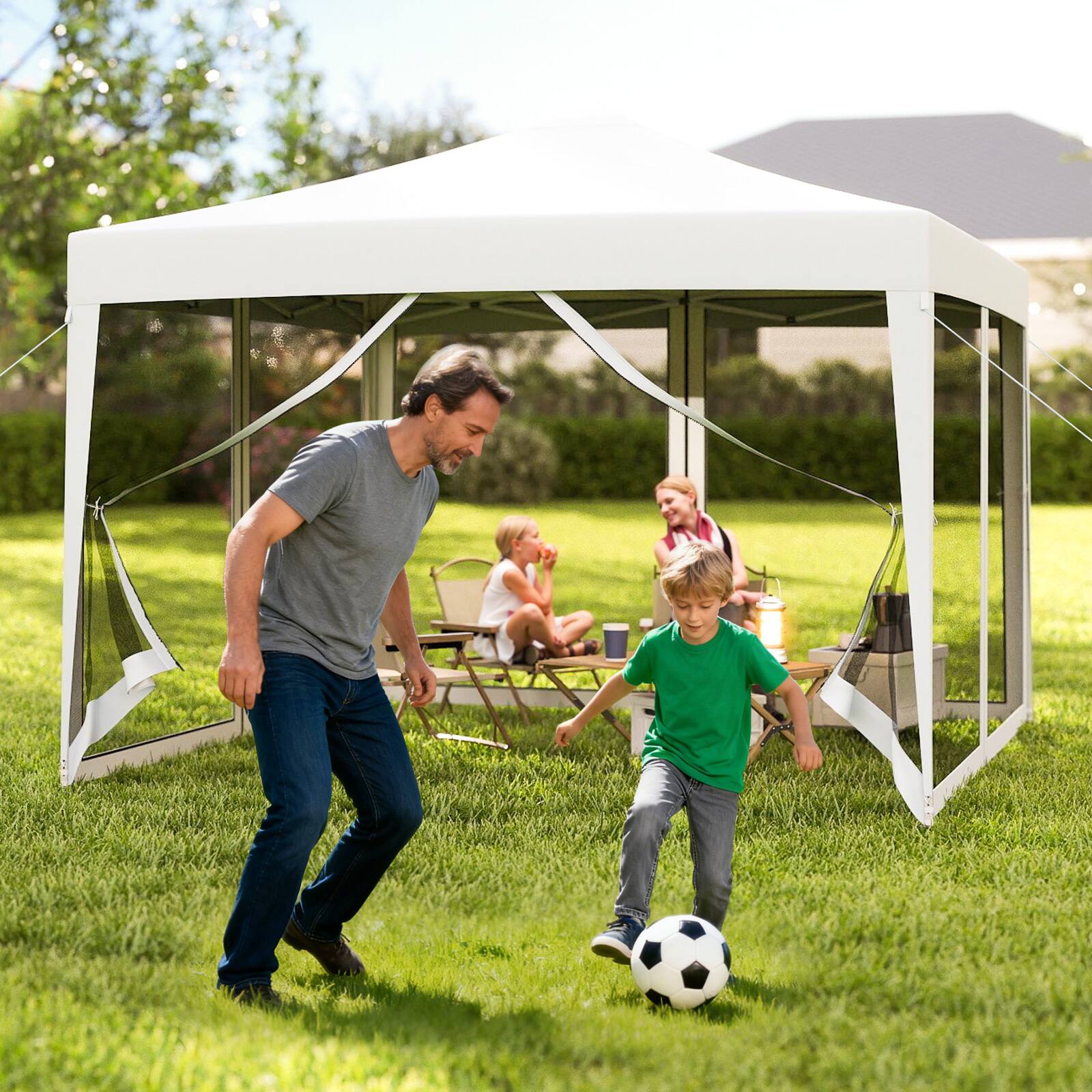Alt View 3. Gymax - Gymax 10 FT x 10 FT Pop-Up Canopy Tent w/ Mesh Netting Carry Bag 8 Stakes & 4 Ropes Outdoor White - White.