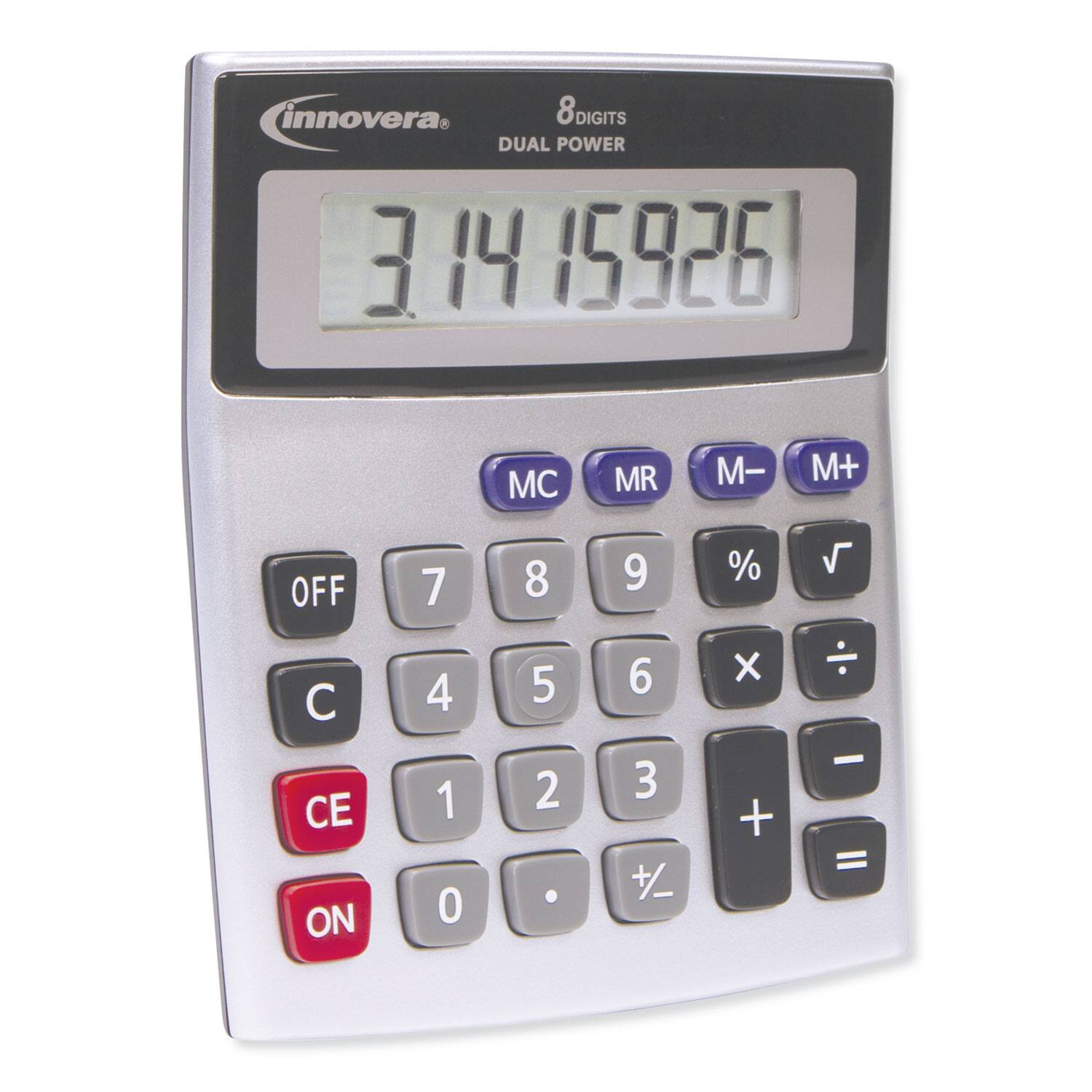 innovera  
8 DIGITS DUAL POWER  
3.1415926  
MC MR M- M+  
OFF 7 8 9 % √  
C 4 5 6 ÷  
CE 1 2 3 -  
ON 0 . + =