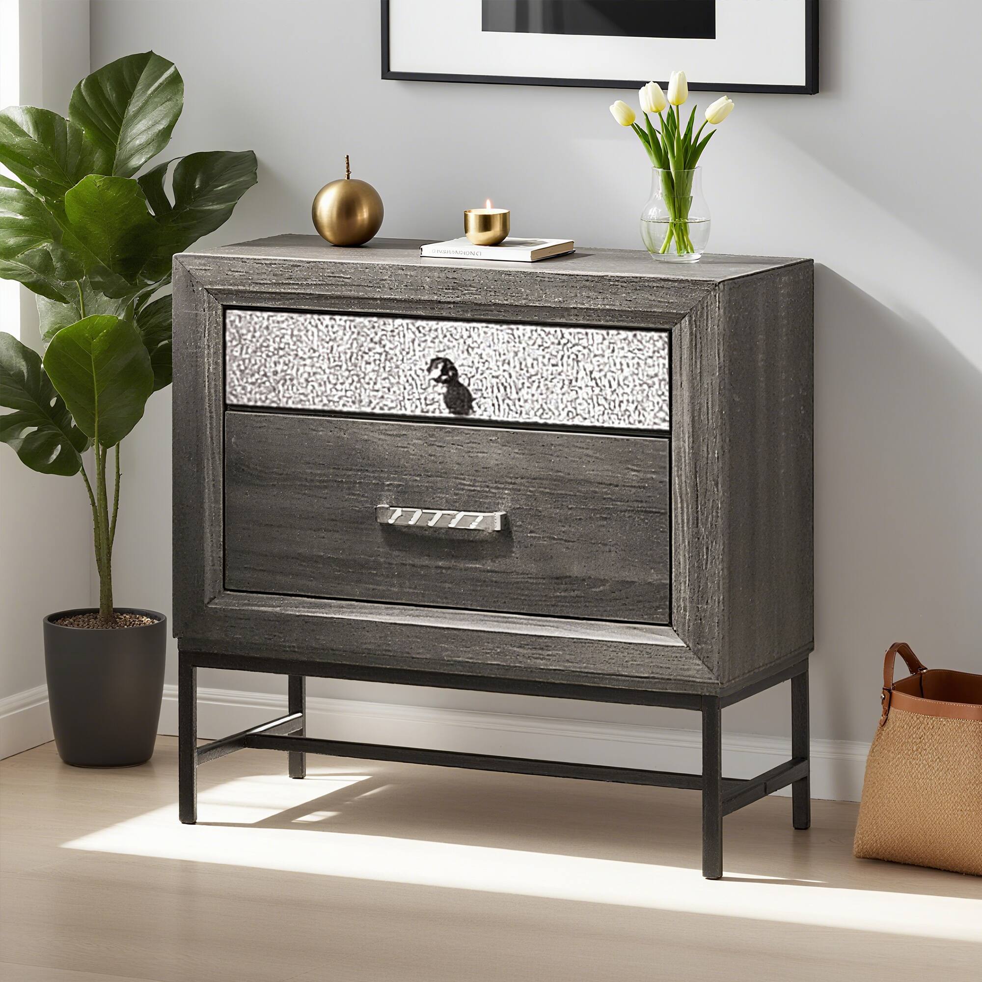 Back. Vaczon - Modern Metal-Frame Nightstand in Engineered Wood with Sparkling Acrylic Drawer Handles - Gray.