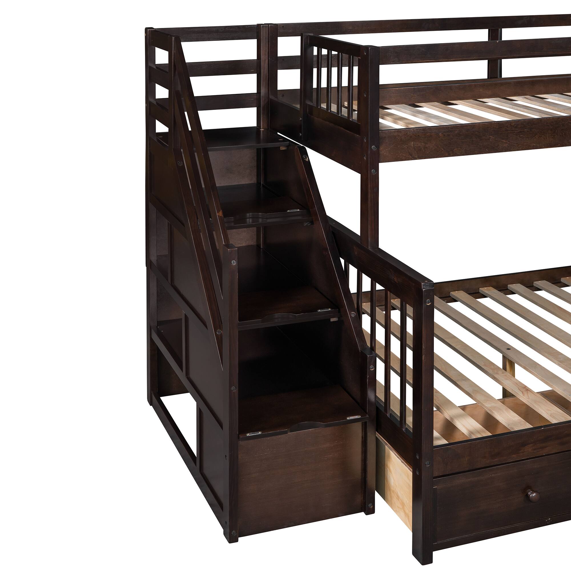 Alt View 10. Tiramisubest - Twin over Full L-Shaped Bunk Bed w/ 3 Drawers, Ladder & Staircase - Espresso: Max Space, Solid Build, Safe Design - Espresso.