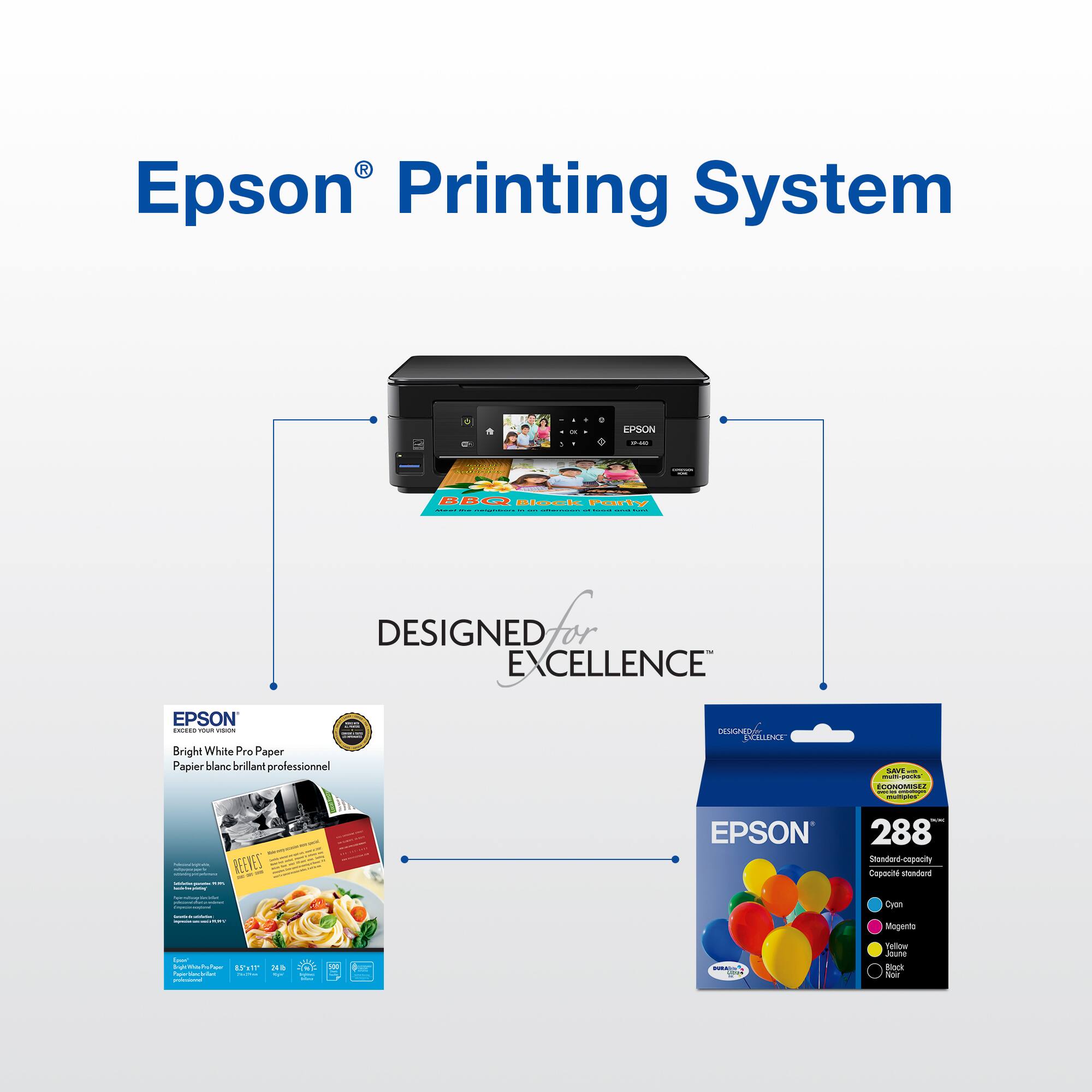 Epson Printing System - Designed for Excellence - Bright White Paper - 288 Standard Capacity - Cyan, Magenta, Yellow - Ink Cartridges - Epson 288 Standard Capacity Ink Cartridges - Cyan, Magenta, Yellow - Ink Cartridges