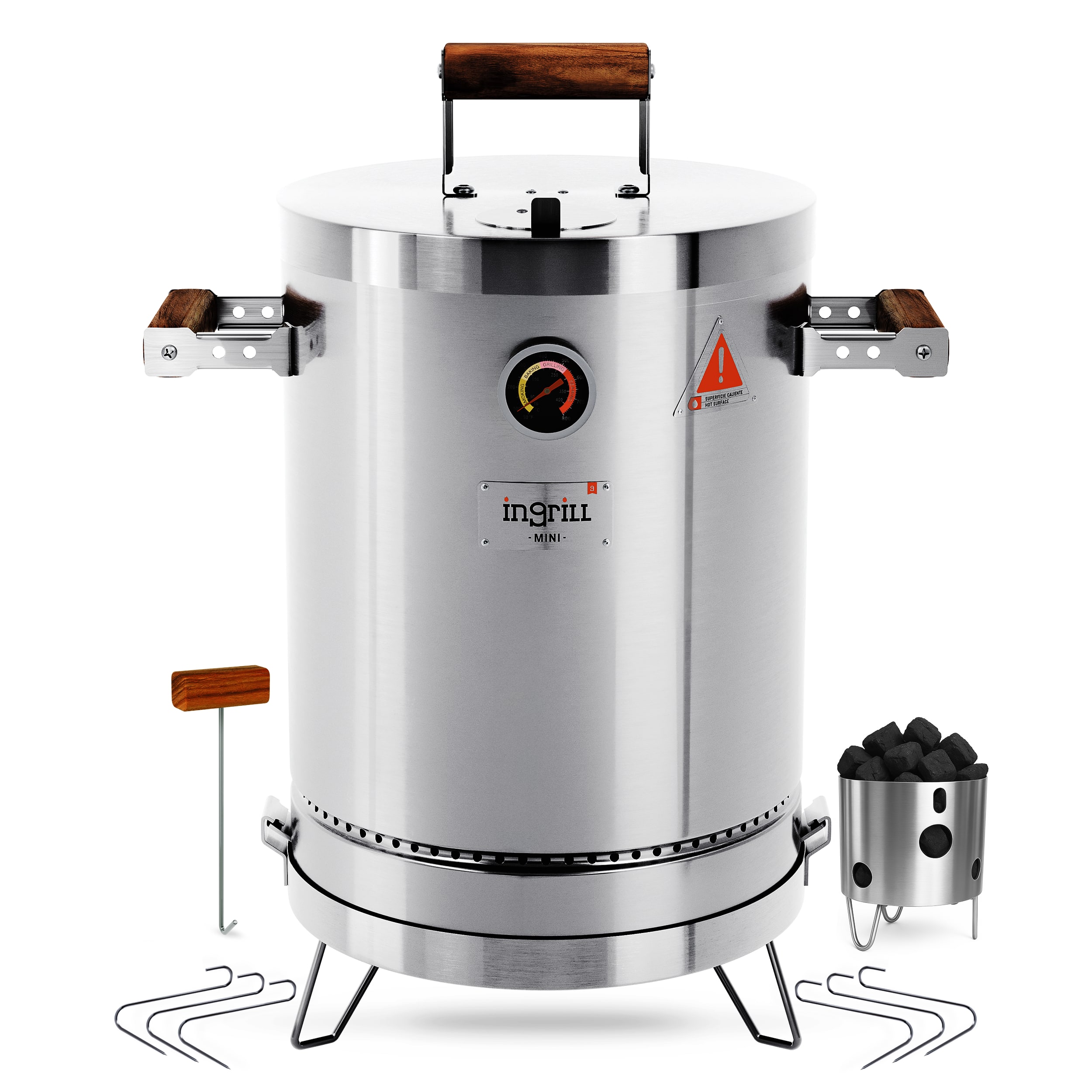 Ingrill - Charcoal Grills - Basik Mini 6 lbs - 3-in-1 Ultra-Portable Smoker Grill for Outdoors - Stainless Steel