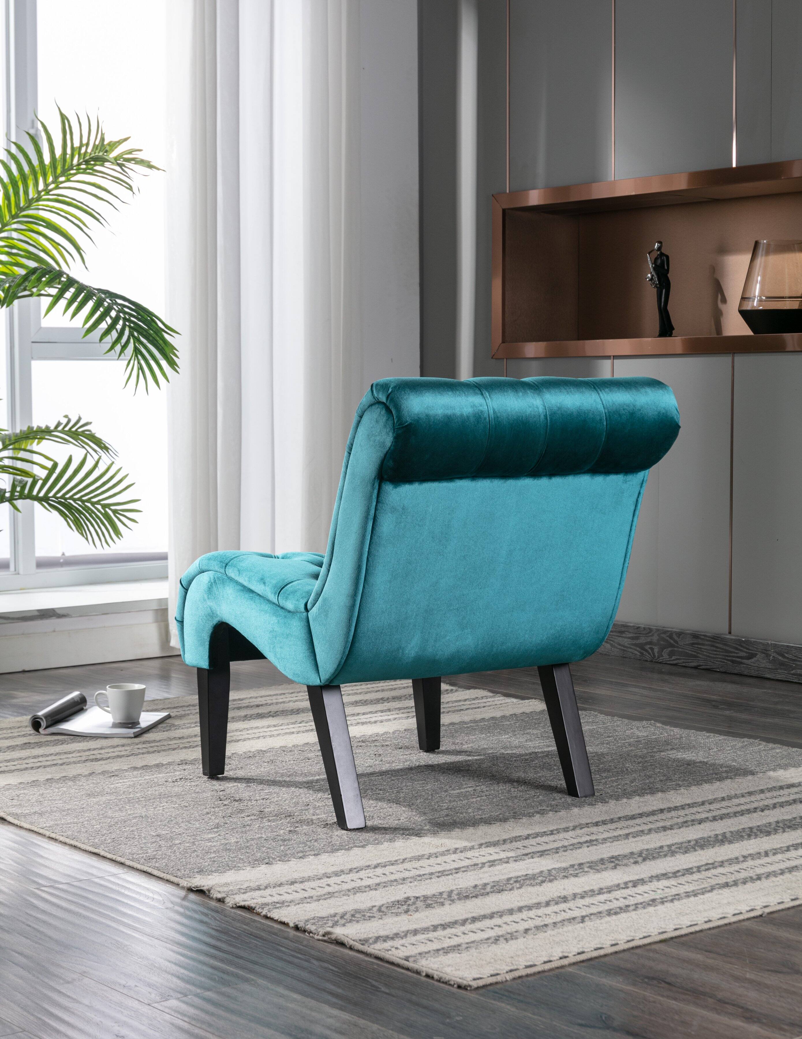 Back. Trinkets Crazed - Velvet Accent Lounge Chair for Living Room, Modern Leisure Chair with Tufted Backrest, Indoor Armless Side Chair - Teal.