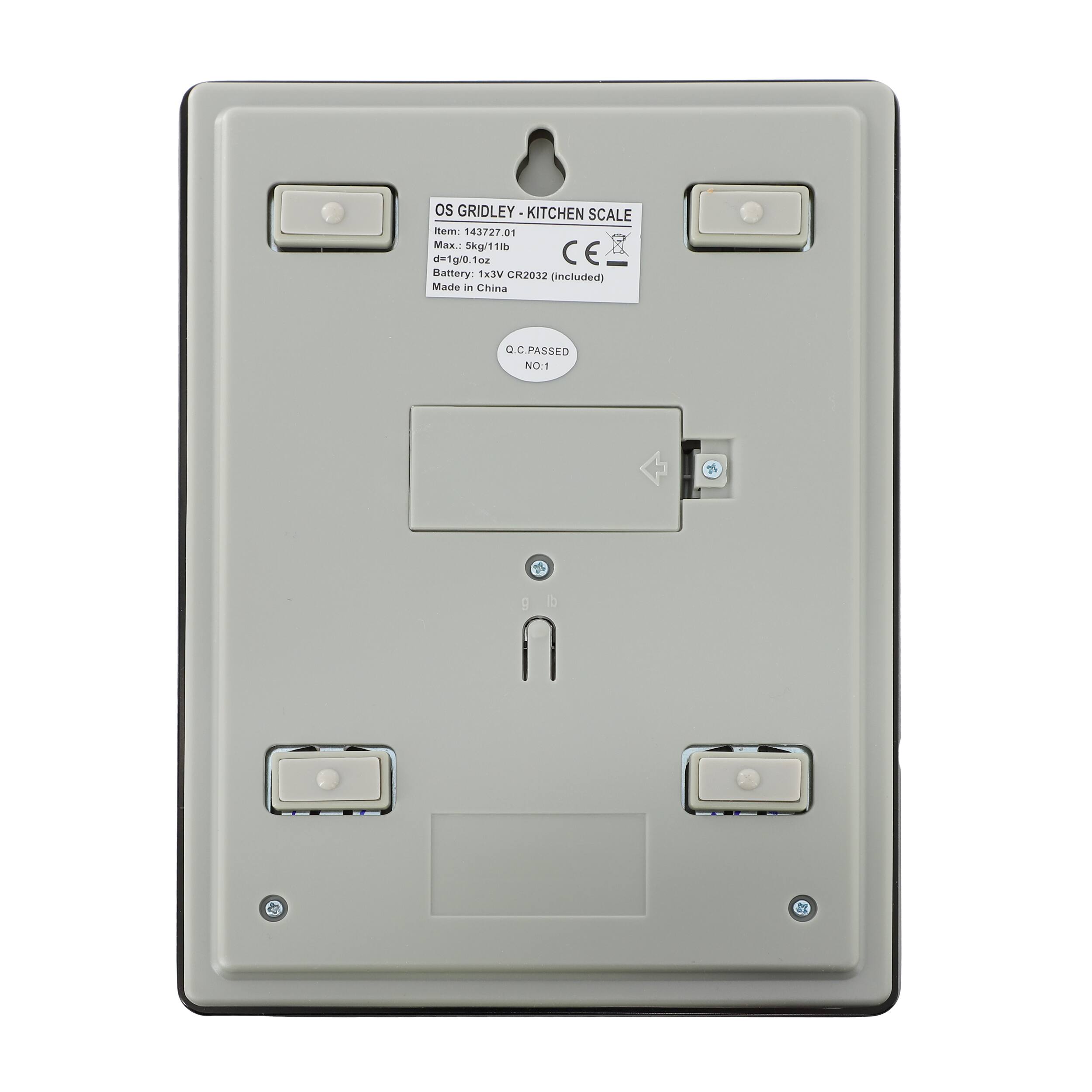 os GRIDLEY KITCHEN SCALE Item: 143727.01 Max: 5kg/11lb d=1g0.foz 1e0 CE Battery: x3V CR2032 (included) Made in China Q.C.PASSED NO:1