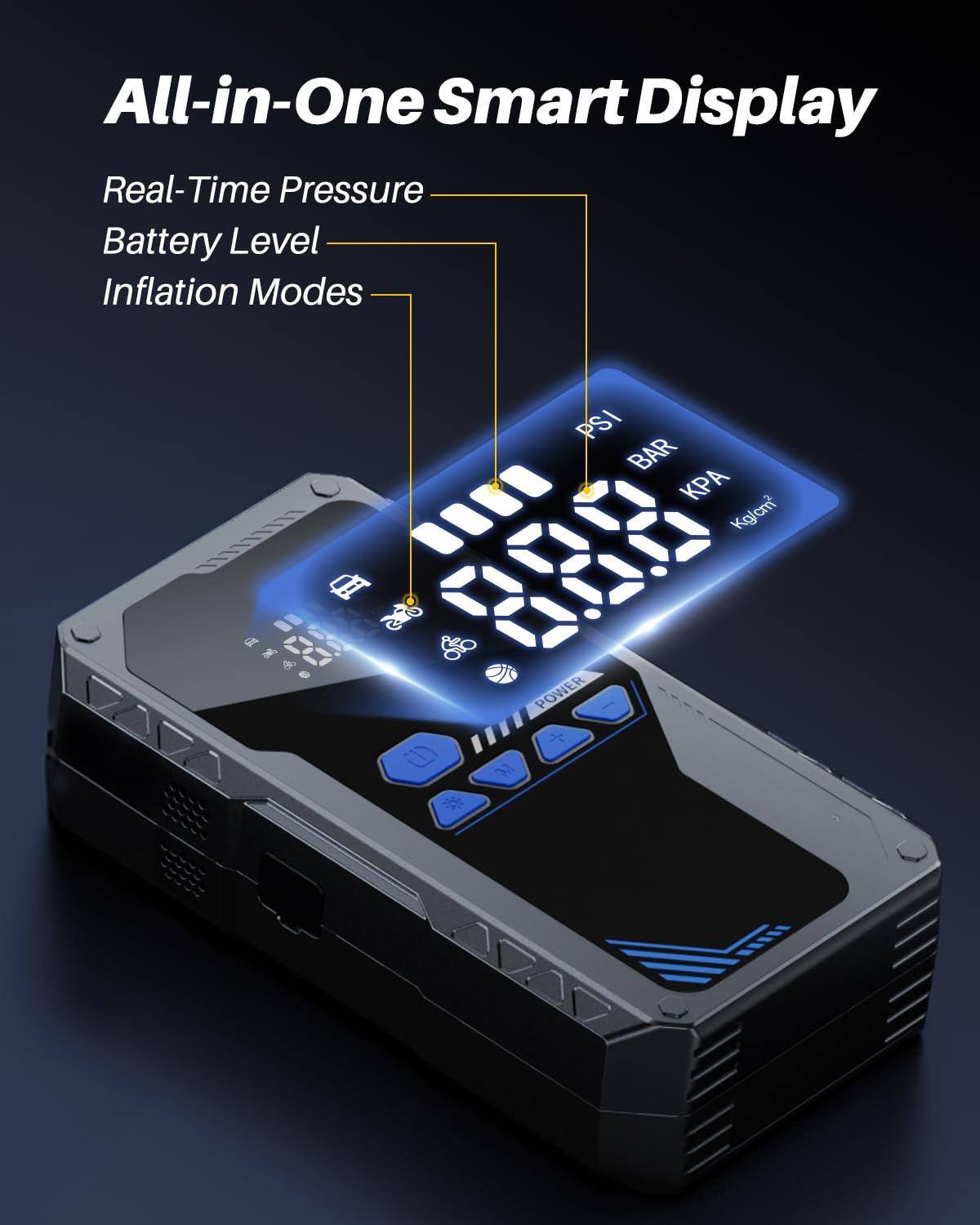 All-in-One Smart Display

- Real-Time Pressure
- Battery Level
- Inflation Modes

PSI BAR KPA Kg/cm²

POWER + M 00