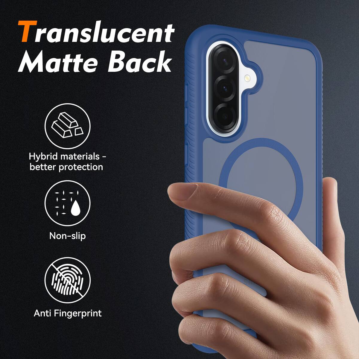 Translucent Matte Back  
Hybrid materials - better protection  
Non-slip  
Anti Fingerprint