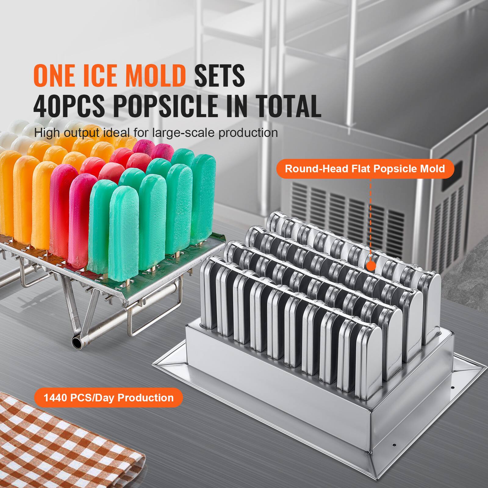 ONE ICE MOLD SETS 40PCS POPSICLE IN TOTAL  
High output ideal for large-scale production  
Round-Head Flat Popsicle Mold  
1440 PCS/Day Production