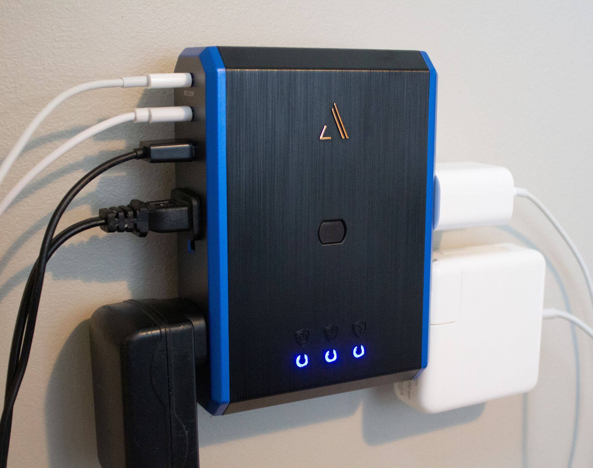 Alt View 13. Austere - V Series Power 4-Outlet/3-USB Wall Tap 3,000 Joules Surge Protector - Black and Blue.