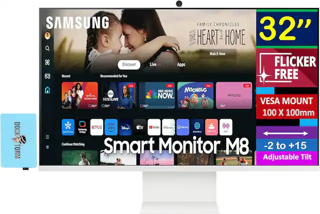 **Samsung Family Chronicles: The Heart's Home**
- **32" Screen**
- **Flicker Free**
- **VESA Mount: 100 x 100mm**
- **Adjustable Tilt: -2 to +15**
**Smart Monitor M8**
- **Discover**
- **Live**
- **Apps**
**Recommended for You:**
- ABC Live
- NBC News Now
- Moonbug
- Vevo Pop
- Netflix
- Prime Video
- Disney+
- Apple TV
- YouTube
- Internet
- Global News
- Home TV
**Live Apps:**
- Movies & More
- News Live
- VESA Mount
**Additional Features:**
- SmartThings
- Samsung TV Plus
- Music
- Continue Watching
**Dock Torm**