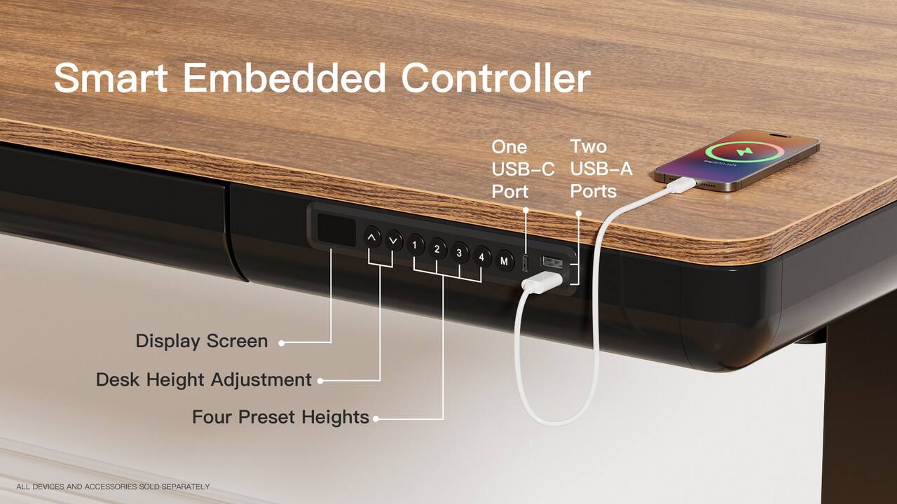 Smart Embedded Controller

- One USB-C Port
- Two USB-A Ports
- Display Screen
- Desk Height Adjustment
- Four Preset Heights

All devices and accessories sold separately.