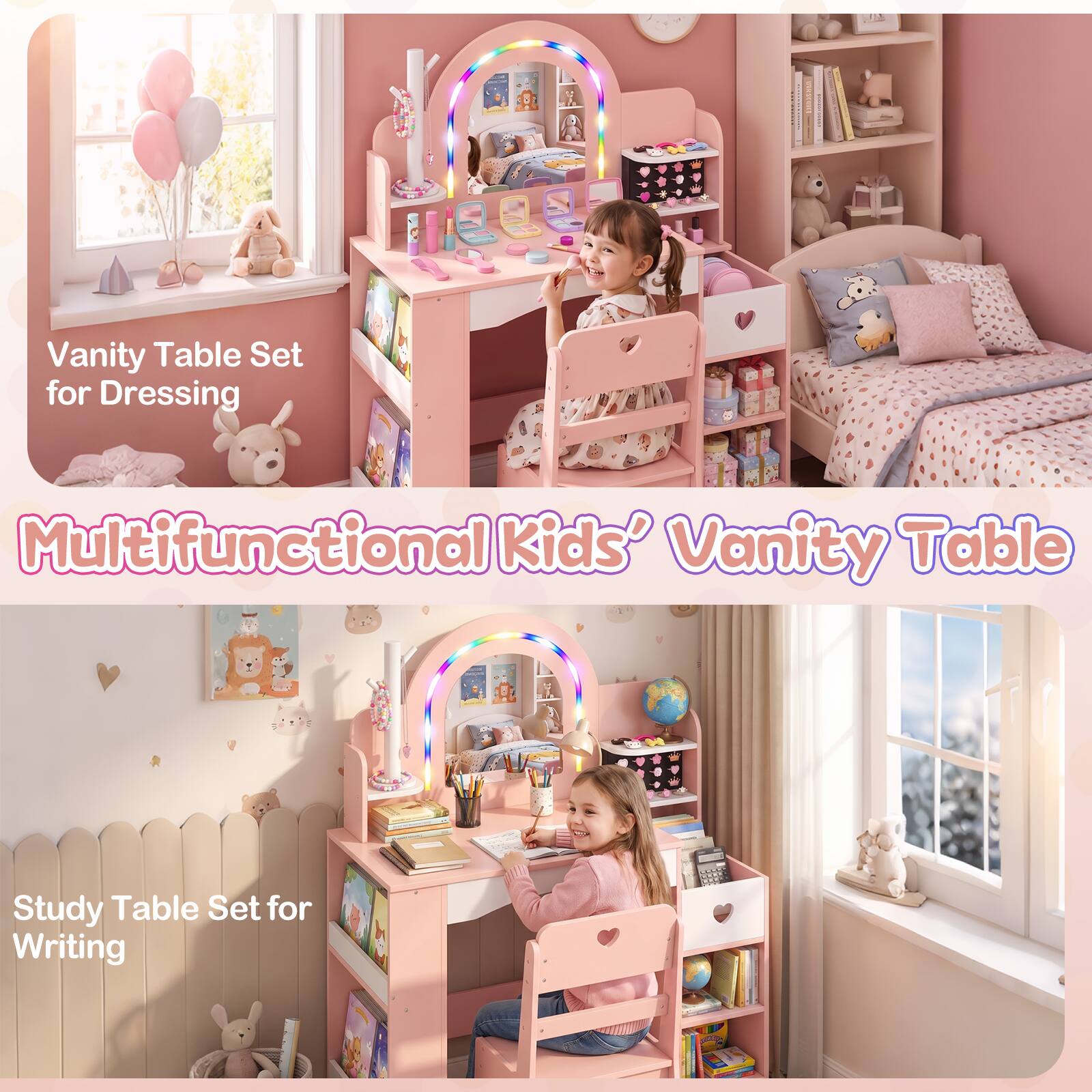 Vanity Table Set for Dressing  
Multifunctional Kids' Vanity Table  
Study Table Set for Writing