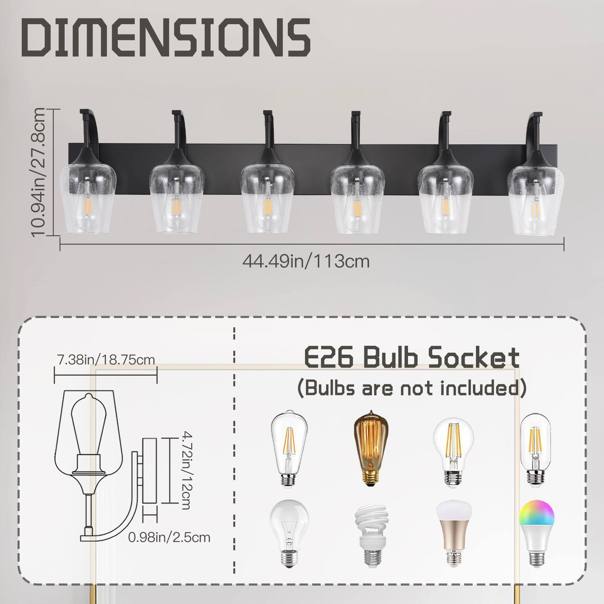 DIMENSIONS  
10.94in/27.8cm  
44.49in/113cm  
7.38in/18.75cm  
4.72in/12cm  
0.98in/2.5cm  

E26 Bulb Socket  
(Bulbs are not included)