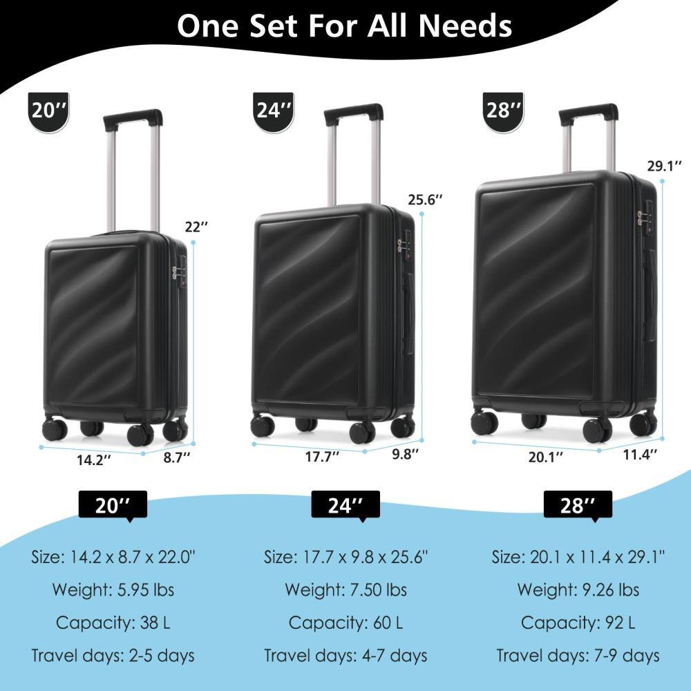 One Set For All Needs

20"
Size: 14.2" x 8.7" x 22.0"
Weight: 5.95 lbs
Capacity: 38 L
Travel days: 2-5 days

24"
Size: 17.7" x 9.8" x 25.6"
Weight: 7.50 lbs
Capacity: 60 L
Travel days: 4-7 days

28"
Size: 20.1" x 11.4" x 29.1"
Weight: 9.26 lbs
Capacity: 92 L
Travel days: 7-9 days