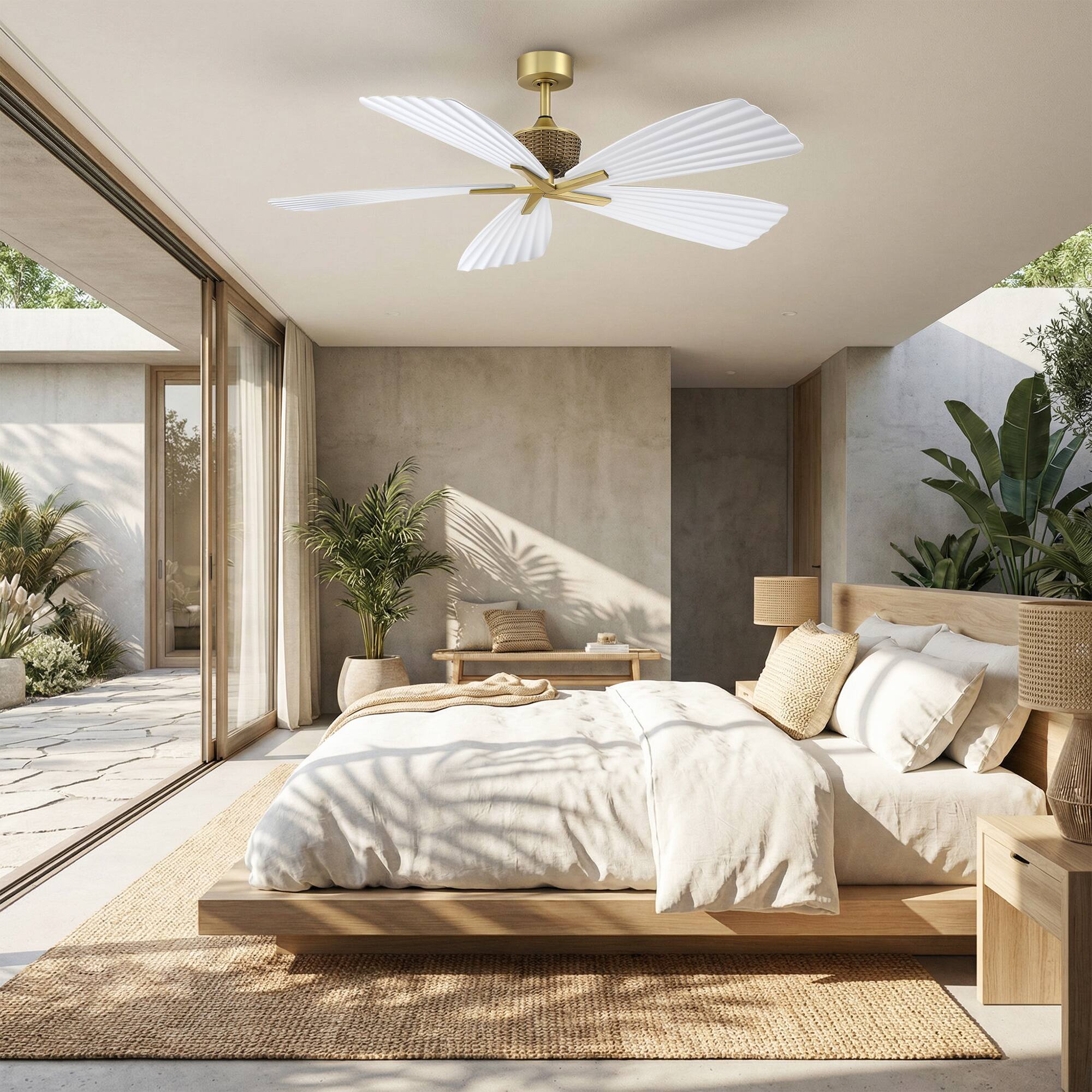 Left. Parrot Uncle - 56" Tropical White Pleated Leaf 5-Blade Indoor Outdoor Ceiling Fan with Remote, No Light - Gold.