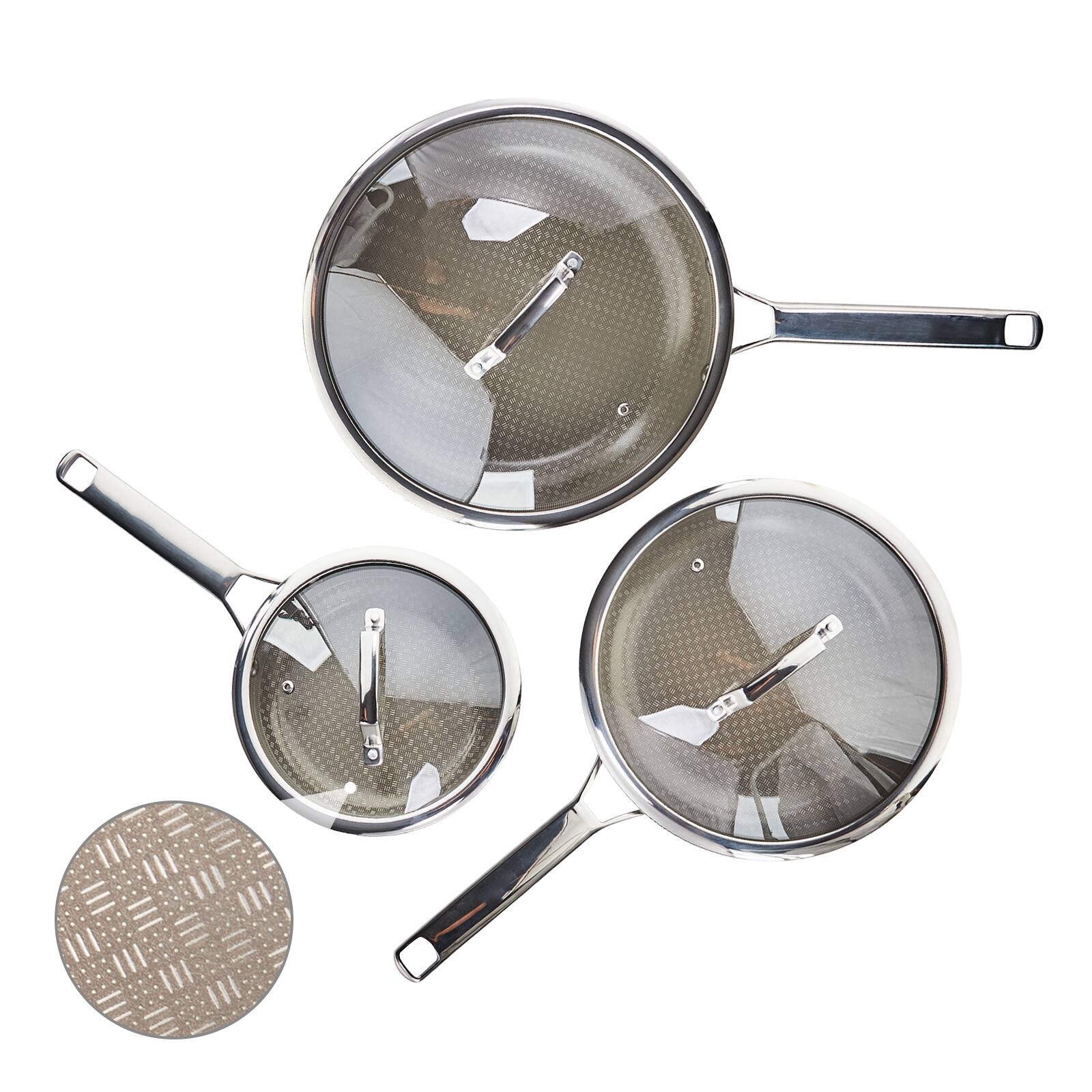 Left. Winado - 3 Pieces Titanium Frying Pan Set with 8" 10" 12" Skillets & Tempered Glass Lids & Ergonomic Handles for Family Cooking - Brown & Silver.