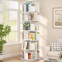 Aheaplus - 6-Tier Rotating Wood Bookshelf Tower - 360° Revolving Narrow Corner Organizer for Small Spaces, Bedroom & Office - Gray