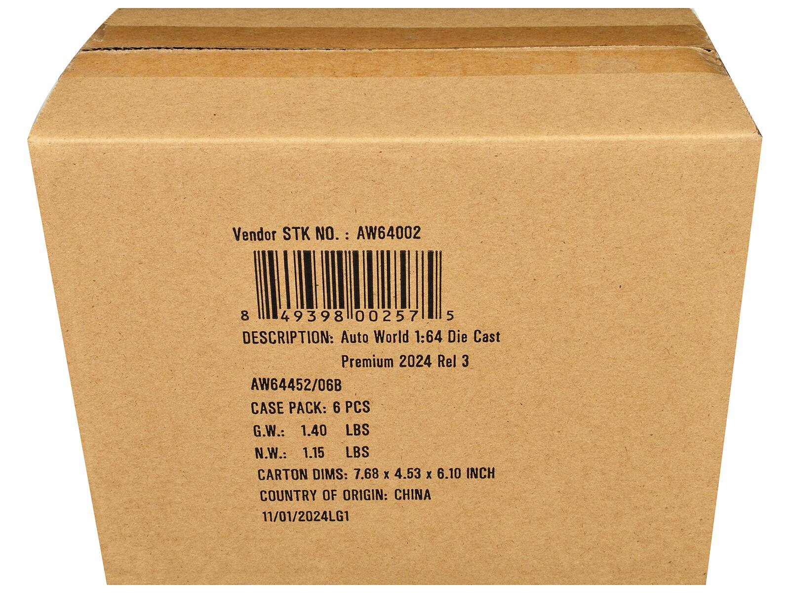 Vendor STK NO.: AW64002  
8 49398 00257 5  
DESCRIPTION: Auto World 1:64 Die Cast Premium 2024 Rel 3  
AW64452/06B  
CASE PACK: 6 PCS  
G.W.: 1.40 LBS  
N.W.: 1.15 LBS  
CARTON DIMS: 7.68 X 4.53 X 6.10 INCH  
COUNTRY OF ORIGIN: CHINA  
11/01/2024LG1