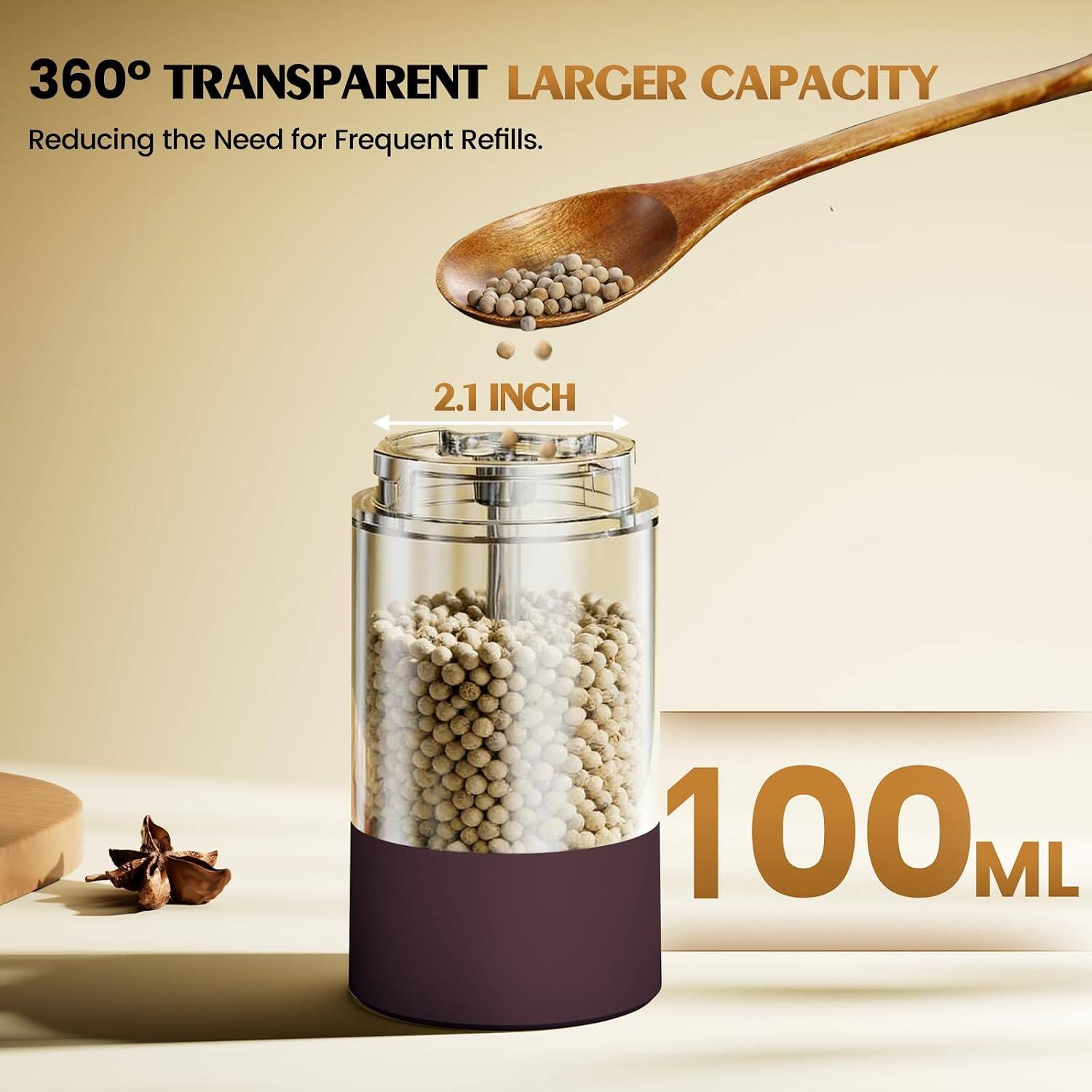 360° TRANSPARENT LARGER CAPACITY  
Reducing the Need for Frequent Refills.  
2.1 INCH  
100 ML
