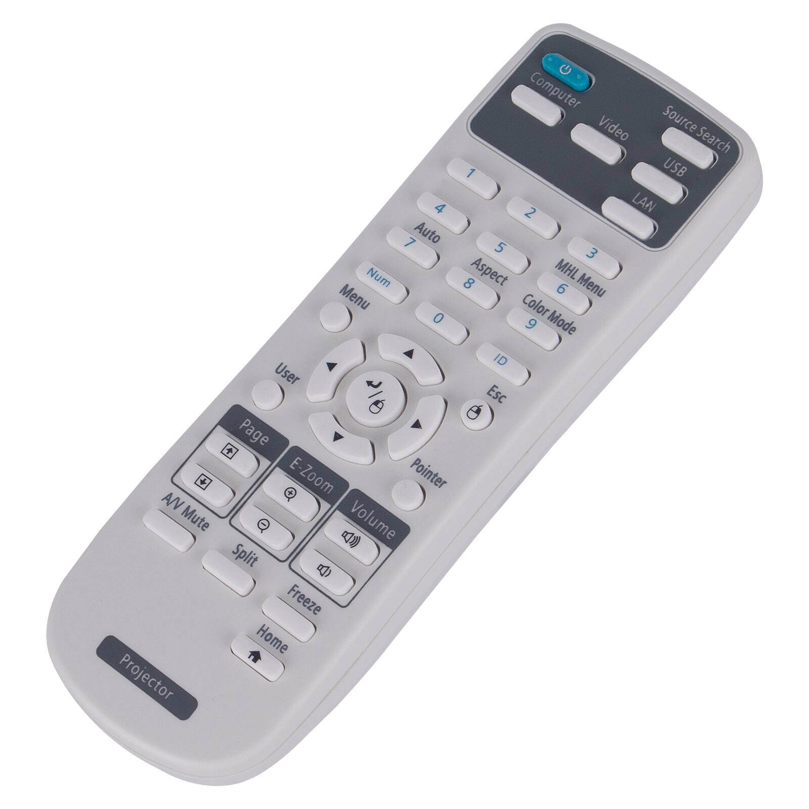 Computer Video Source Search Source Search 1 USB 4 2 LAN 7 Auto 5 3 Num Aspect MHL 8 6 Menu Menu Color 0 Mode ID User Esc Page + E + Zoom Pointer AN Mute Volume Split Freeze Home Projector
