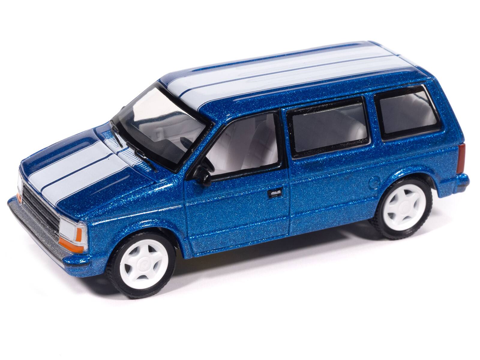 Alt View 1. Autoworld - 1989 Plymouth Voyager Turbo Van Daytona Blue Metallic with White Stripes and Interior 1/64 Model Car by Auto World.