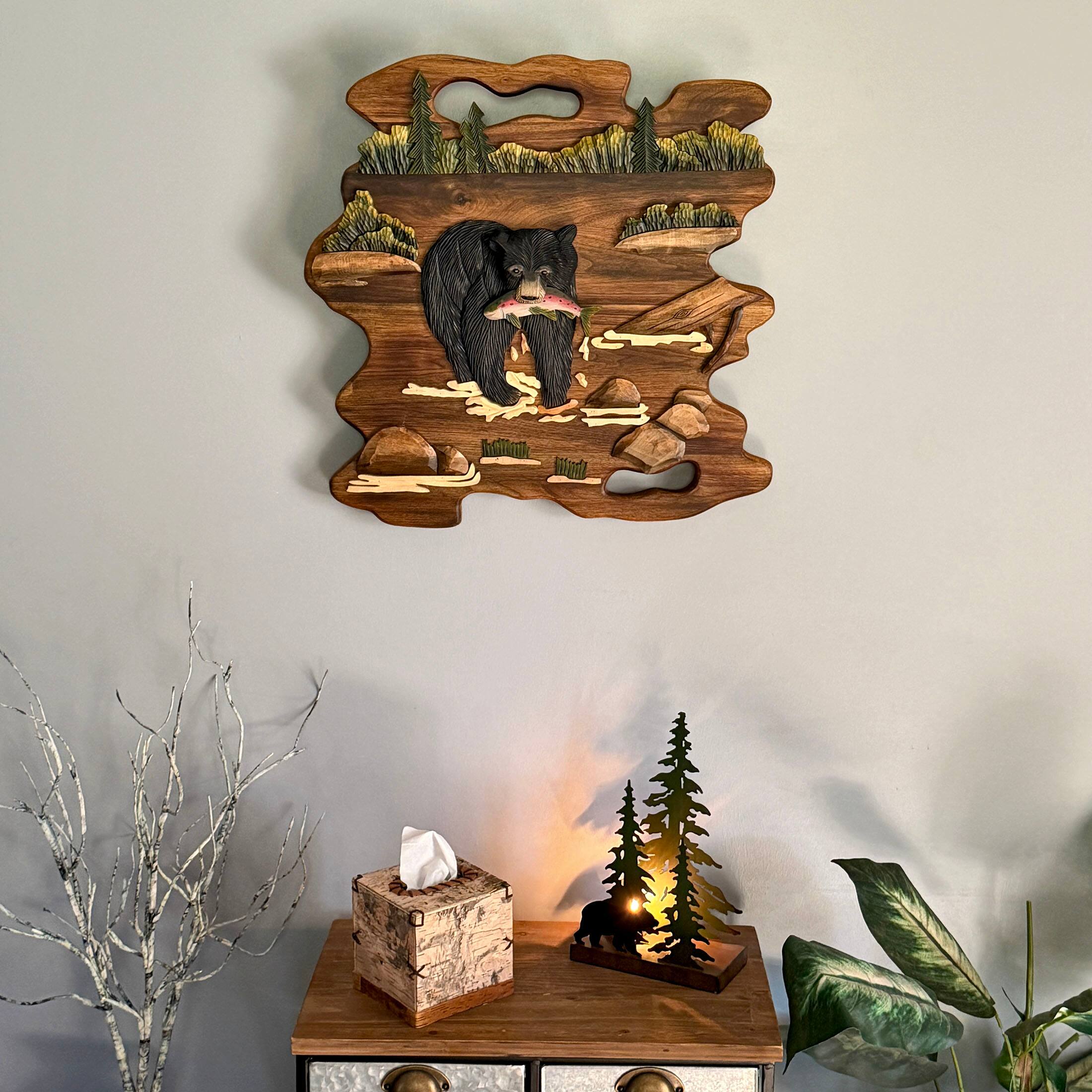 Alt View 3. Zeckos - Bear Fishing Wood Wall Sculpture 23.5in Rustic Intarsia Cabin Lodge Decor - Brown.