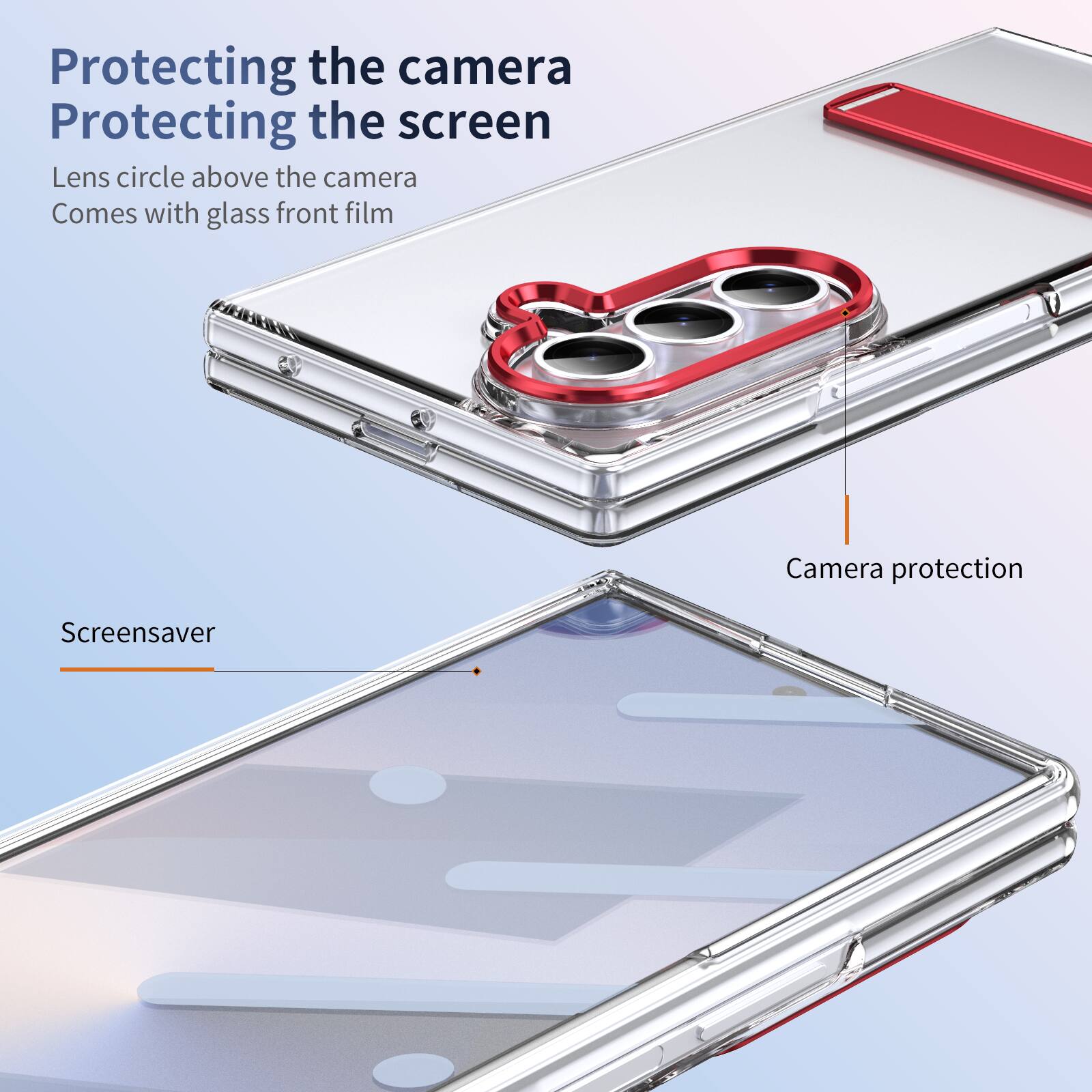 Protecting the camera  
Protecting the screen  
Lens circle above the camera  
Comes with glass front film  

Screensaver  

Camera protection