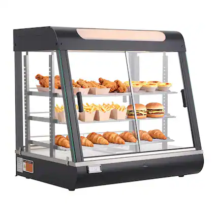 Front. VEVOR - 3-Tier Commercial Food Warmer Display, 1200W Food Display Warmer with LED Light, Top Storage and Adjustable Shelves - Black.