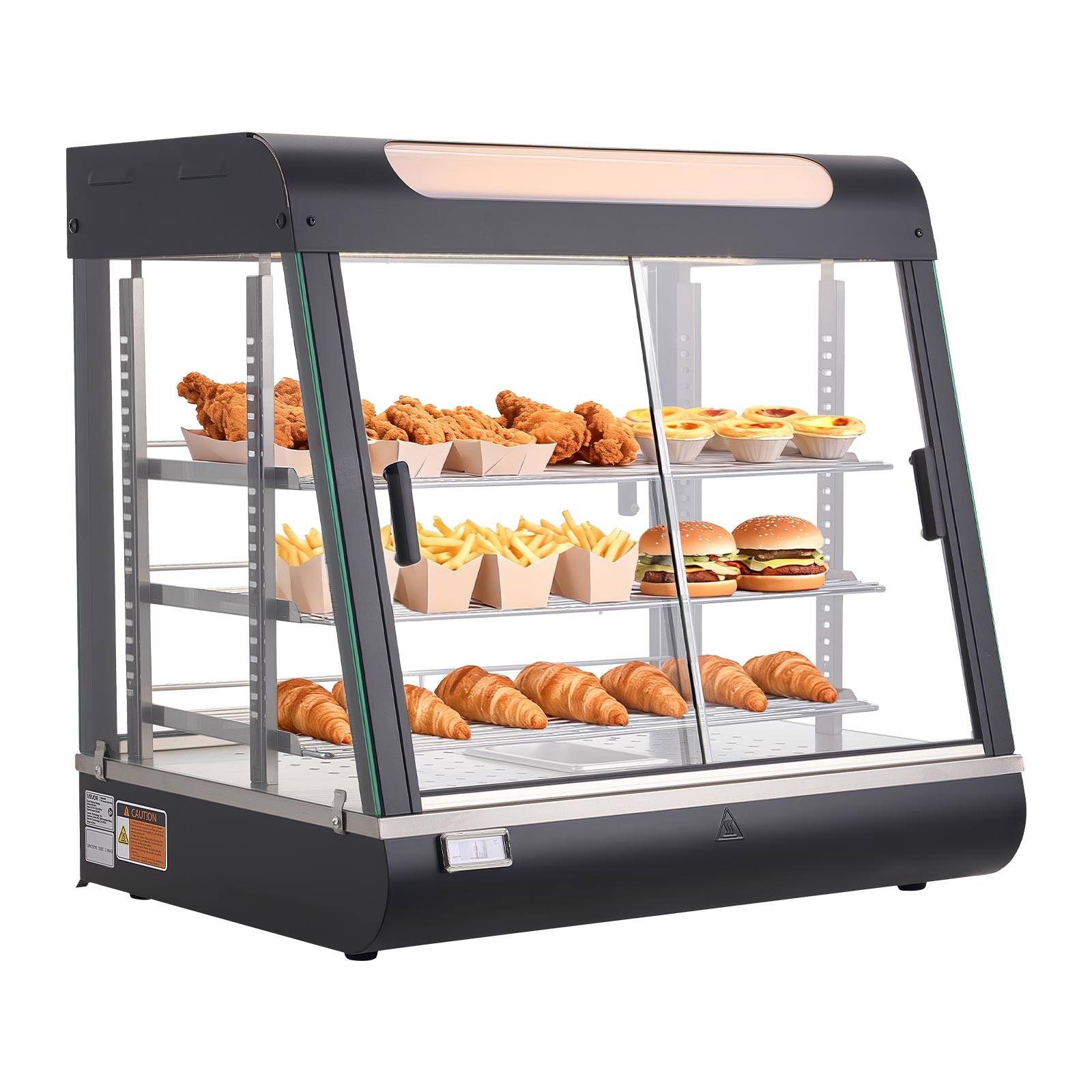 Front. VEVOR - 3-Tier Commercial Food Warmer Display, 1200W Food Display Warmer with LED Light, Top Storage and Adjustable Shelves - Black.