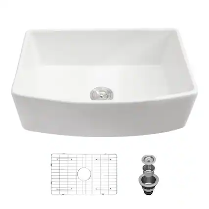 Front. JUJABU - 33 x 19 x 10 in. White Ceramic Farmhouse Kitchen Sink Arch Edge Apron Front Single Bowl - White.