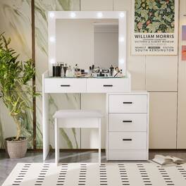 Loheer - White Makeup Vanity with LED Mirror and Five Drawers - Matte White